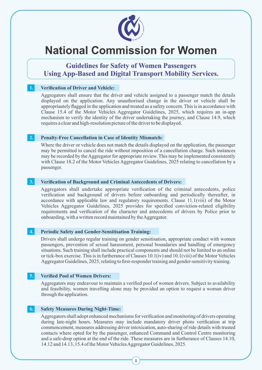 NCWIndia's tweet photo. NCW Issues Detailed Guidelines to States and UTs for Safety of Women Passengers Using App-Based and Digital Transport Services https://t.co/DUXNKRY2b9