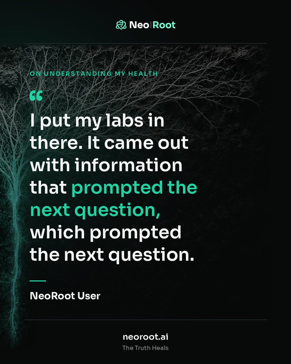 neorootai's tweet photo. Lab results shouldn't be the end of the conversation. They should be the start.

NeoRoot works through them with you, one question at a time, toward the root cause.

https://t.co/Rnm4wxEMRK https://t.co/p8yr4RQCNr