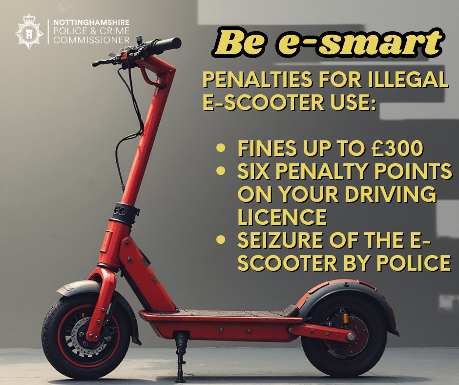 NottsOPCC's tweet photo. Be E-SMART this October! 🧠

🛑 Penalties for illegal e-scooter use in our City and County: 

- Fines of up to £300 💷
- Six penalty points on your driving license 6️⃣
- Seizure of the e-scooter by @nottspolice 🚓

📰 For more information please visit: https://t.co/KlM94MIM9Y https://t.co/EBpryPOPD3