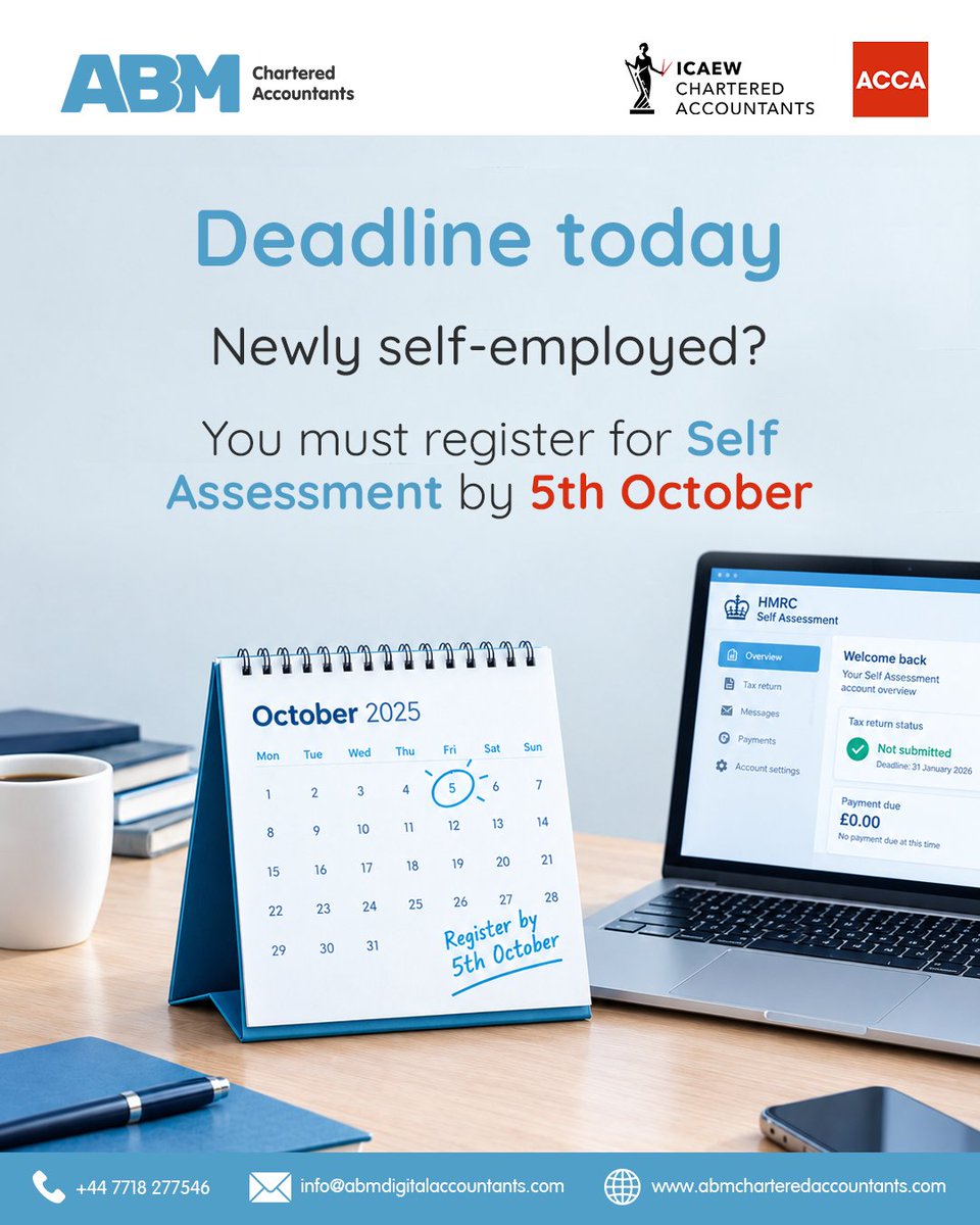 abmacountants's tweet photo. Newly self-employed? Have you registered for #SelfAssessment?
If you became self-employed during the 2025/26 tax year, you may need to register with #HMRC by 5 #October 2026.
#ABM help with Self Assessment registration, #TaxReturns and HMRC #Compliance
https://t.co/XMjeWV4Z59 https://t.co/IPpsjE787n