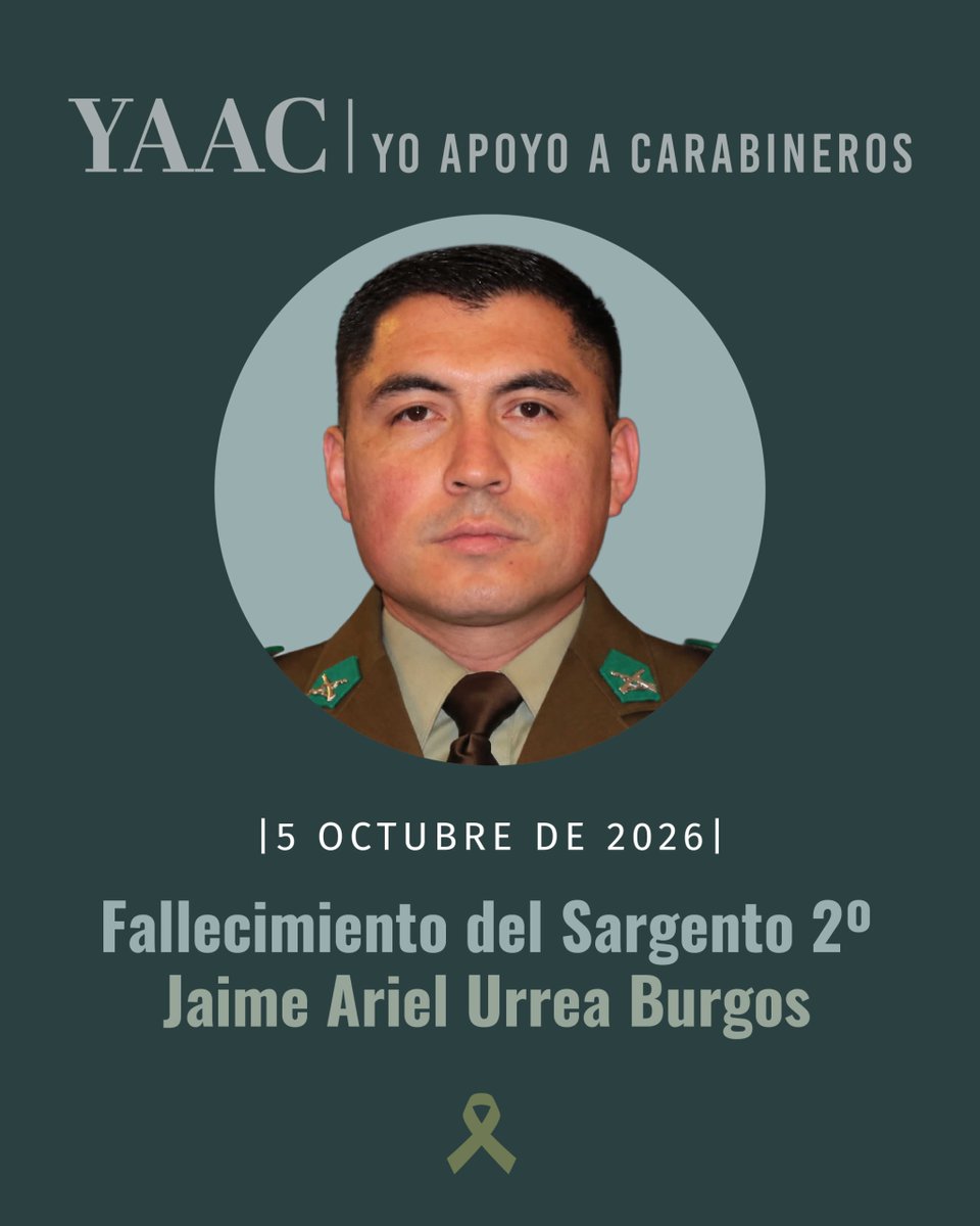 ChileYAAC's tweet photo. 🕊️ Lamentamos el sensible fallecimiento del Sargento 2º Jaime Ariel Urrea Burgos (Q.E.P.D.), del Retén Canteras, asesinado en acto de servicio mientras acudía a un procedimiento de violencia intrafamiliar.

Condenamos firmemente este cobarde acto y entregamos nuestras más sinceras condolencias y total apoyo a su familia y compañeros de @Carabdechile 

Honor y gloria a nuestro nuevo mártir institucional. 🖤

#OrdenyPatria #Seguridad #Carabineros #YAAC #YoApoyoACarabineros