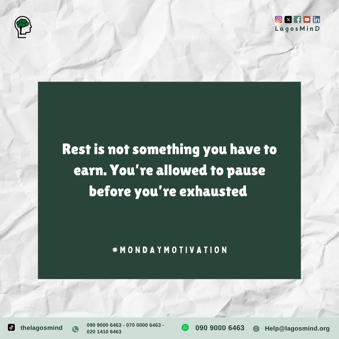 LagosMiND's tweet photo. Rest is not something you have to earn. You’re allowed to pause, breathe and take a break before you’re completely exhausted. 

Happy New Week.
#MondayMotivation #MentalHealthMatters https://t.co/Astj9JzyvM