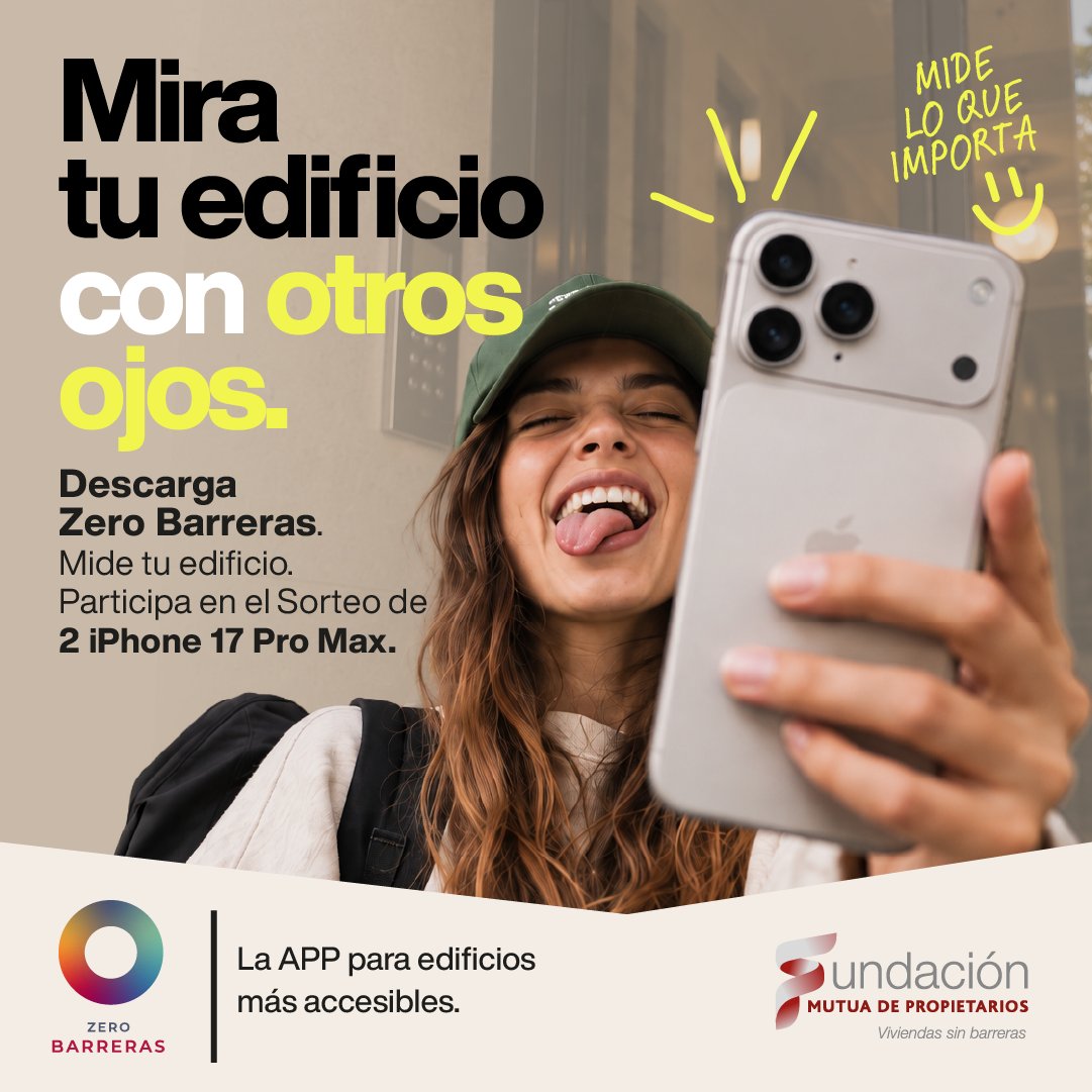 FundacionMdP's tweet photo. 🏙️ Un edificio de viviendas puede parecer accesible. Hasta que empiezas a mirar de verdad.

Hoy, #DíaMundialdelaArquitectura y #DíaMundialdelHábitat, lanzamos #MideConZeroBarreras para hacer visibles esas barreras arquitectónicas en los edificios de viviendas que muchas veces pasan desapercibidas.

📱 Mira tu edificio de viviendas con otros ojos y mídelo con nuestra app Zero Barreras.

Y sí, medir tiene premio 👀

🎁 Sorteamos un iPhone 17 Pro Max cada 15 días entre las mediciones realizadas entre el 5 de octubre al 5 de noviembre.

¿Empezamos a medir?

#MideConZeroBarreras #FundaciónMutuaDePropietarios #Accesibilidad
--
🏙️ Un edifici d’habitatges pot semblar accessible. Fins que comences a mirar-lo de debò.

Avui, #DiaMundialDeLArquitectura i #DiaMundialDeLHabitat, llancem #MesuraAmbZeroBarreres per fer visibles aquelles barreres arquitectòniques dels edificis d’habitatges que moltes vegades passen desapercebudes.

📱 Mira el teu edifici d’habitatges amb uns altres ulls i mesura’l amb la nostra app Zero Barreres.

I sí, mesurar té premi 👀

🎁 Sortegem un iPhone 17 Pro Max cada 15 dies entre les mesures realitzades del 5 d’octubre al 5 de novembre.

Comencem a mesurar?

#MesuraAmbZeroBarreres #FundacióMutuaDePropietarios #Accessibilitat