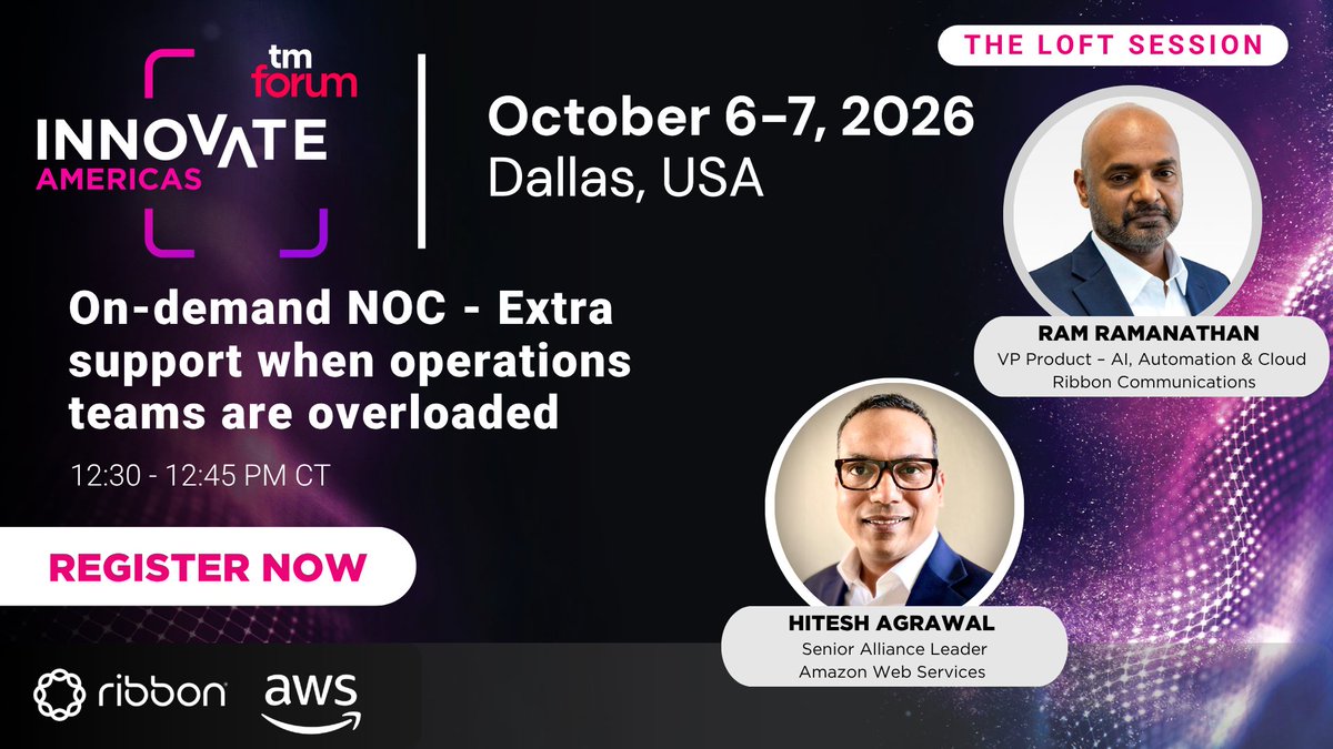 ribboncomm's tweet photo. At TM forum Innovate Americas, Ribbon and AWS will discuss how cloud-based AIOps and automation can provide additional operational capacity during critical events, then scale back when the network stabilizes.
➡️Learn more: https://t.co/p45mMi7QpN
#AIOps #Automation https://t.co/p26800lhyx