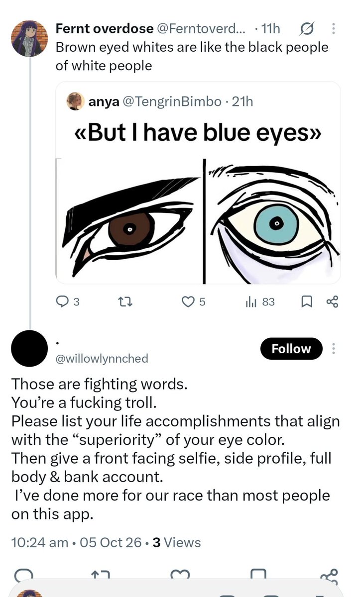 Ferntoverdose's tweet photo. Found out that there are real people with an eye colour inferiority complex today, I thought it was all just a big joke https://t.co/YbzEYGv893