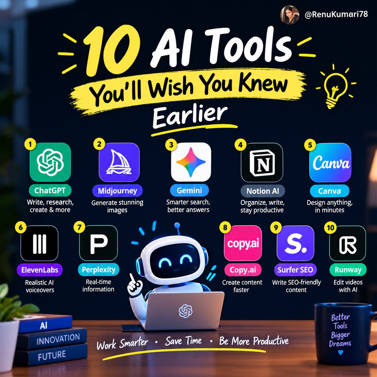 RenuKumari78's tweet photo. 10 AI tools you’ll wish you discovered earlier. 🤯

These can help you write, research, design, create content, make videos, and get more work done in less time.

Save this thread. 🔖👇 https://t.co/2rgurzK3Kj
