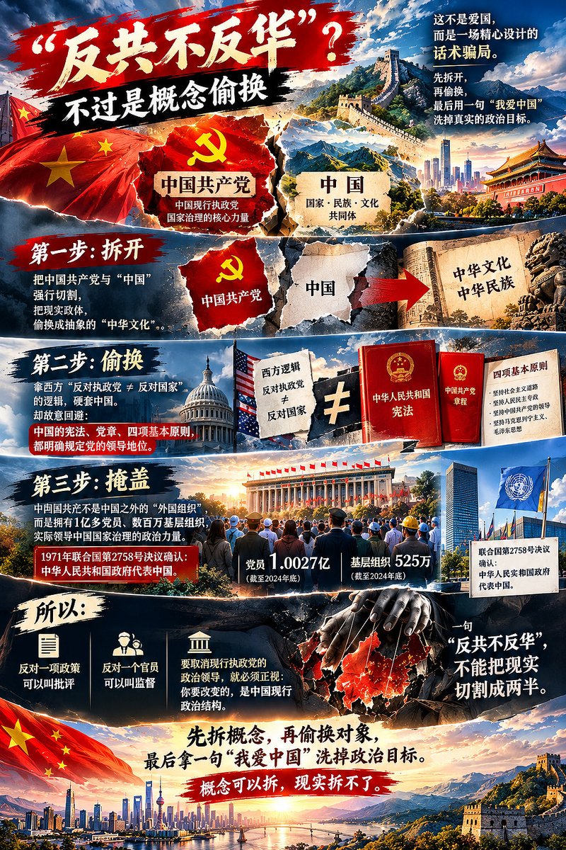 China_Taichi's tweet photo. “反共不反华”这套LowB话术打哪儿来的？知道吗？2007年，法轮功饲养的《人民报》首次提出“反共”与“反华”可以切割的论述。2019年，郭文贵又把它概括为“反共不反华、反共不反中”，并把“推翻共产党”作为行动目标，然后再通过互联网传播到民进党反共宣传矩阵中。

这套意识形态话术换汤不换药，都是以西方政治体系的弱鸡逻辑来篡改中国政治框架的解读，你以为很高明？无非极简单的偷换概念，先把政治主体“中国共产党”从“中国”文明主体里剥离出来，再把“反共”包装成与“中国”毫无关系的政党轮替惯例。

这就是文盲的文字游戏，中国从来不是西方那套“政党轮替—国家机器—社会组织”的简单模型构造。

这个世界没有标准版本的“民主”，也不存在“唯一”政体形式，中国的基本事实是现行国家结构的设计是“党的领导、国家制度和社会主义道路”建构在同一个政治框架中。

《中华人民共和国宪法》第一条明确规定：社会主义制度是中华人民共和国的根本制度，中国共产党领导是中国特色社会主义最本质的特征；宪法序言则明确记载，中国共产党领导中国各族人民取得新民主主义革命胜利、建立中华人民共和国，并规定中国各族人民将继续在中国共产党领导下推进社会主义现代化。

《党章》同样明确把“坚持中国共产党的领导”列入四项基本原则，并规定四项基本原则是“立国之本”。

你可以批评共产党治理问题，可以批评某项政策效果，可以建言改革，也可以提出新的理论主张，但，如果你的诉求目标是取消共产党在中国现行政治结构中的领导地位，那么你反对的就不是一个政党，而是整个国家的建设事业，损害的是“中国”这个文明体发展壮大的权利，而亿万中国人本身就是这个“文明主体”。

中国共产党拥有超一亿的党员和五百多万个基层组织。这些普通党员来自工人、农民、军人、知识分子和其他社会阶层，再加上他们的直系亲属与社会关系，与中共有直接间接关系的就超过八九亿中国人，而中国人的生活又全部在中国共产党的组织领导下，中国共产党早已是中国人一生发展的重要平台、关键枢纽、人际网络和规则依据，中国共产党早已与亿万中国人紧密的融为一体。把共产党描绘成一个“外加在中国人头上的异物”，这是对现实社会结构的抽象化污蔑，是纯逻辑的文字游戏，与现实生活没半毛钱关系。

中国的国家结构不是“党与国家平行”的西式政党竞争模型。我国官方表述明确指出，党的领导贯穿国家治理各领域，党对国家政治生活发挥领导核心作用。那句耳熟能详的“枪杆子里面出政权”你以为是白讲的？

一边说我只是反对中共，假装政治目标只是“反对一个政党”，一边又无视亿万中国人在人民民主专政体制下的生活事实，活像我反共只是反政党，不是反对中国发展，这就是“反共不反华”最核心的概念障眼法。

1971年联合国2758号决议恢复中华人民共和国在联合国的一切权利，并承认中华人民共和国政府的代表为“中国在联合国组织的唯一合法代表”。

“中国”不是一个悬浮在现实政治之上的抽象文化符号。中国是具体的国家，中国有具体的宪法、政府、军队、外交体系和国家机器。

洋人殖人贼人们喜欢把“中国文化”、“中华民族”、“中国人民”与“中国共产党”全部拆开，这只是你们一厢情愿的脑残叙事，并不是客观事实。

所有文盲的共性，就是把西方国家的政党政治模式生搬硬套到中国，活像它洋爹的东西才叫标准流程。西式的政党轮替算个球，我中国为什么必须复制它？中国运用的一切制度手段只服务于自己的国情。

中国宪法规定的根本制度、人民代表大会制度、民主集中制和党的领导，构成的才是我们中国的中式民主——全过程人民民主。

以为拿一句我“反共不反华”就可以彰显民族感情？就可以动员中国人支持你造反？就可以伪善的跟中国人说我都是为你们好？就可以忽悠中国人砸碎自己几十年的现代化成果？就可以放弃自己可预期的人生打拼去给你们当冲塔耗材？呵呵，大傻逼的天真。