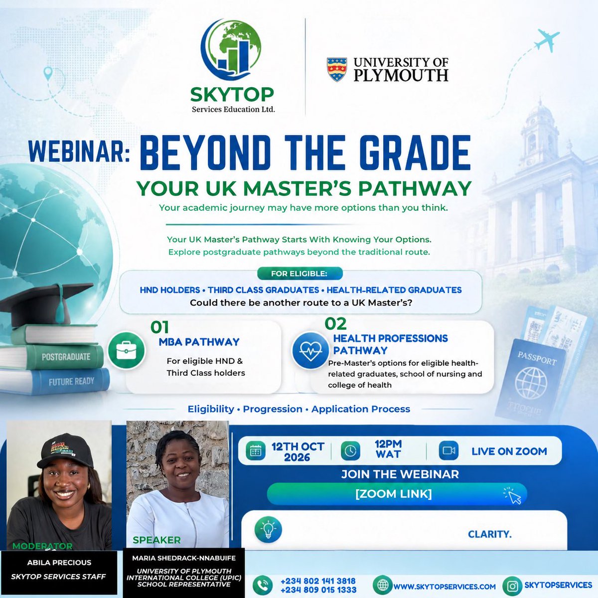 skytopservices's tweet photo. 🎓🇬🇧 HND or Third Class? Your UK Master’s journey may not be over!

Join Skytop Services x University of Plymouth International College for BEYOND THE GRADE and explore eligible MBA &amp; Pre-Master’s pathways.

🔗 Register: https://t.co/rDUI9PGjG0

#StudyInUK #SkytopServices https://t.co/38nlGEtYWh