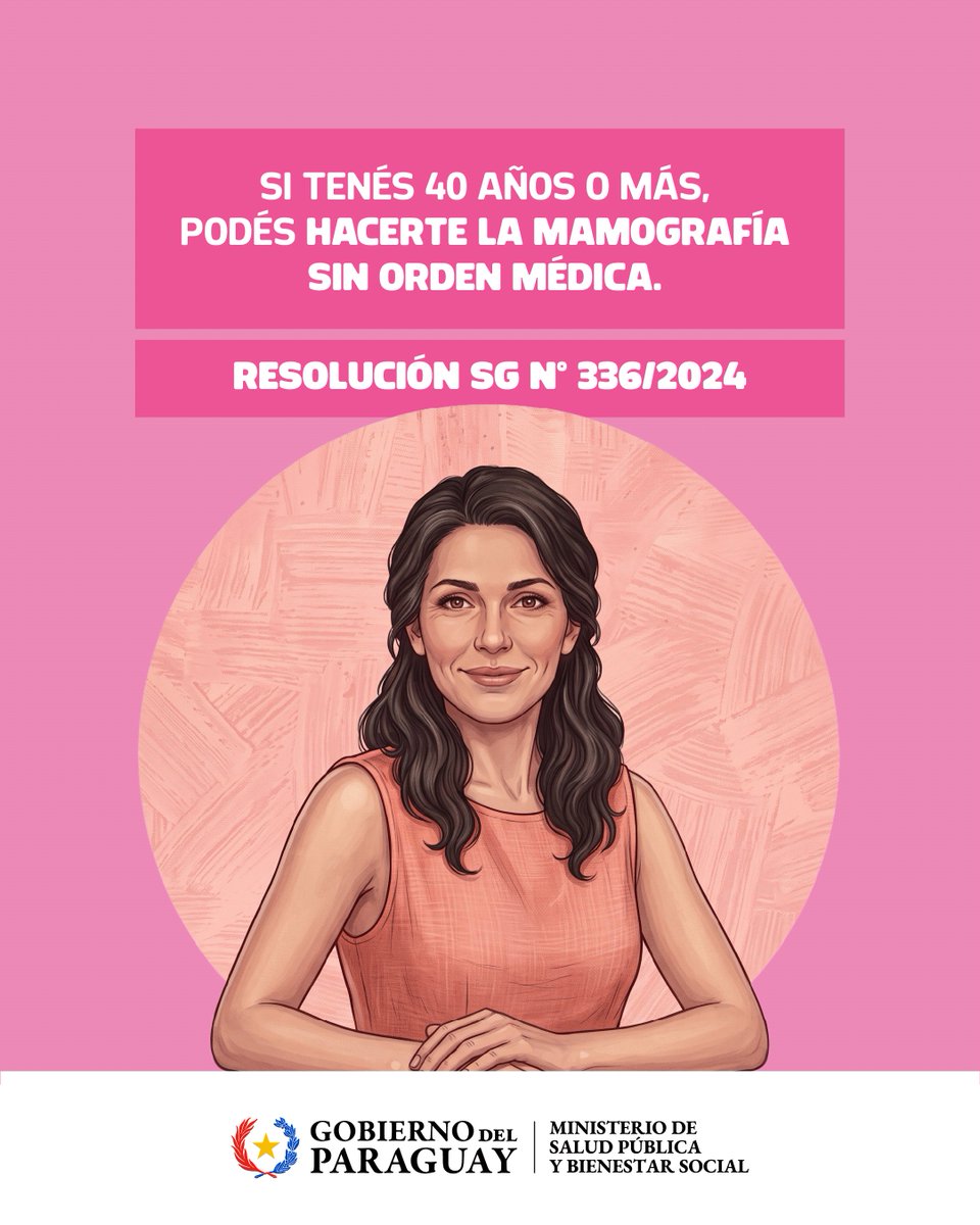 PGRParaguay's tweet photo. ¿Sabías que a partir de los 40 años, con solo presentar tu cédula de identidad, podés realizarte una mamografía sin necesidad de orden médica?

Consultá los servicios disponibles:
https://t.co/vBaUTqC6hh

¡Hagamos de la prevención una tradición!

#OctubreRosa https://t.co/cIsEz40WuZ
