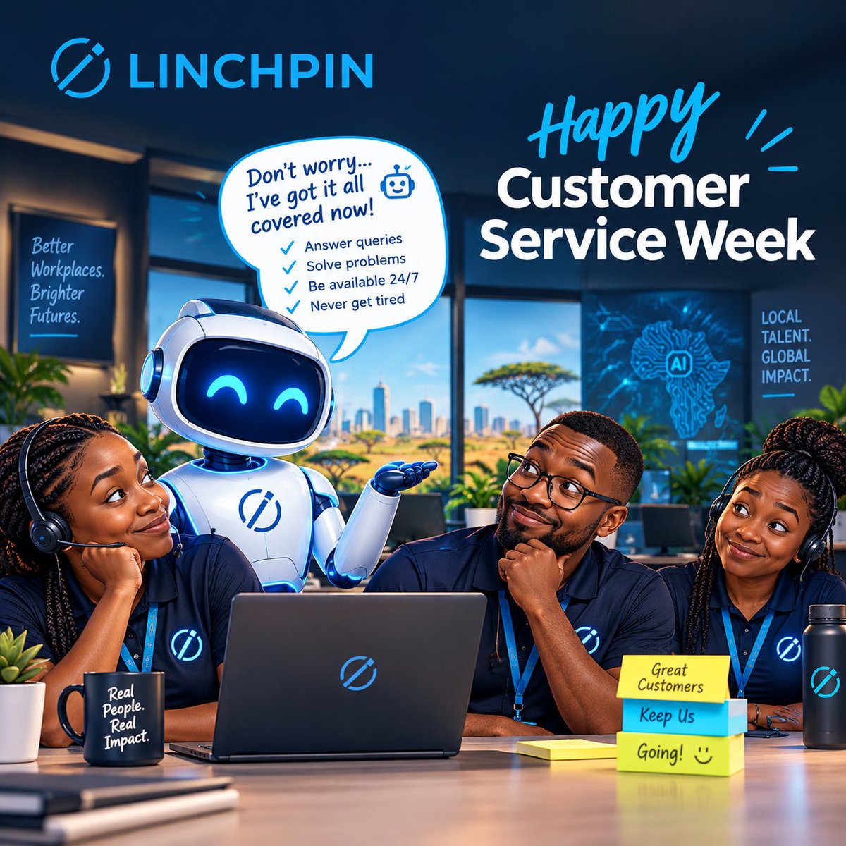 Linchpin_Ltd's tweet photo. Happy #CustomerServiceWeek!
AI can automate tasks, answer questions & work 24/7. But great customer service still needs people who understand, empathize & go the extra mile.
Here's to the teams who continue to go #AboveAndBeyond every day.
#AmplifyProductivityWithAI https://t.co/r0J3KYSvtg
