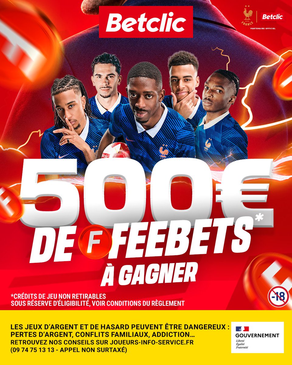 Betclic's tweet photo. DES FEEBETS* POUR LE DERNIER MATCH DES BLEUS !!! 🇫🇷🎁

10x50€ de Feebets* pour bien finir la trève avec le retour de France - Belgique 🇧🇪

🍀 RT + ton pseudo + screen ton prono pour ce soir + #FeebetsBetclic https://t.co/X5fMNWACPy