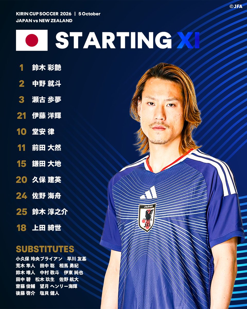 J_League's tweet photo. 𝑺𝑻𝑨𝑹𝑻𝑰𝑵𝑮 𝑿𝑰🇯🇵

🏆 キリンカップサッカー2026
🆚 日本代表 vs ニュージーランド代表
🕢 19:30KO
🏟 国立競技場
📺 DAZN / テレビ朝日系列 / TVer / ABEMA

#サッカー日本代表
#Ｊリーグ https://t.co/IfZcZGskzj