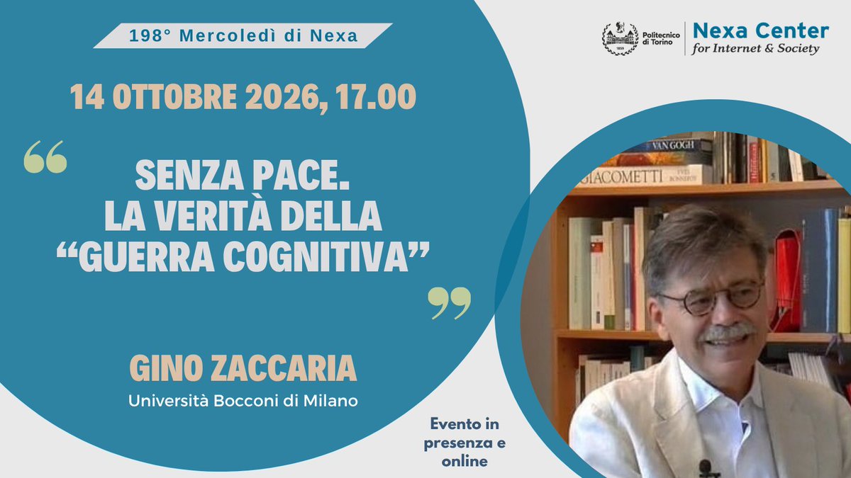 nexacenter's tweet photo. 🗓Mercoledì 14 ottobre, ore 17.00
198° #nexawednesday “Senza pace. La verità della 'guerra cognitiva'” 
👉Con Gino Zaccaria (@Unibocconi)
ℹ️INFO: https://t.co/H83PObxZvv

#pace #guerra #NATO #tecnologia https://t.co/jrS2aYewVs