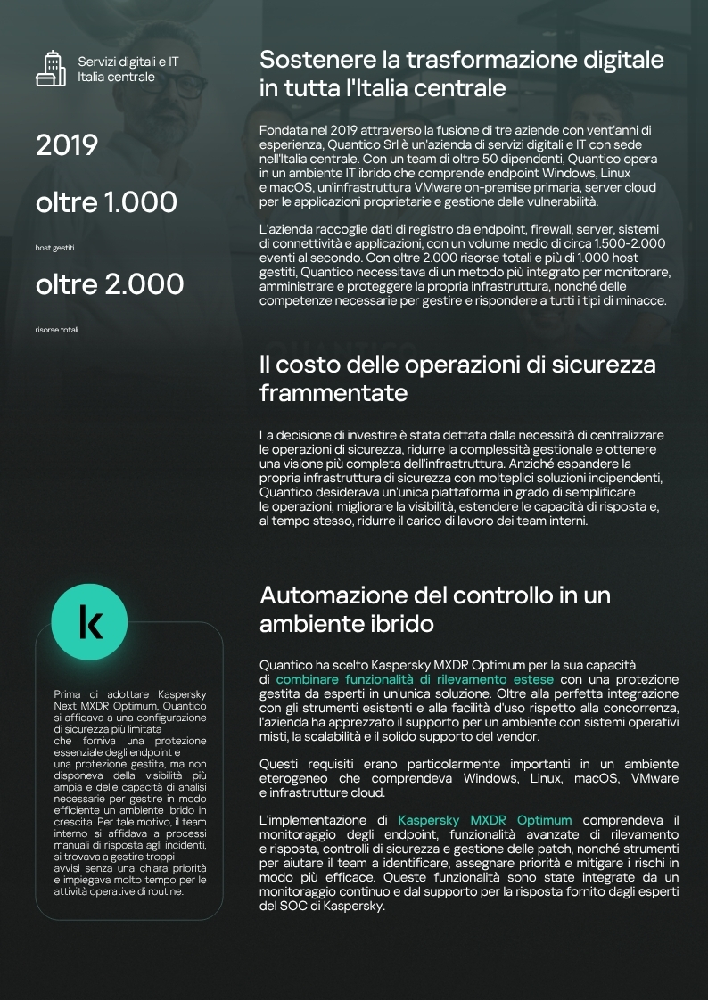 KasperskyLabIT's tweet photo. 📌 𝗤𝘂𝗮𝗻𝘁𝗶𝗰𝗼 𝗮𝗰𝗰𝗲𝗹𝗲𝗿𝗮 𝗹𝗮 𝗽𝗿𝗼𝗽𝗿𝗶𝗮 𝗺𝗮𝘁𝘂𝗿𝗶𝘁𝗮̀ 𝗰𝘆𝗯𝗲𝗿 𝗰𝗼𝗻 𝗞𝗮𝘀𝗽𝗲𝗿𝘀𝗸𝘆 𝗡𝗲𝘅𝘁 𝗠𝗫𝗗𝗥 𝗢𝗽𝘁𝗶𝗺𝘂𝗺

Quantico Srl, azienda italiana specializzata in servizi digitali e IT è passata dalla reattività alla resilienza grazie all'adozione di Kaspersky Next MXDR Optimum. Con la nuova piattaforma, l'azienda è riuscita, infatti, a centralizzare le attività di sicurezza, aumentare la visibilità sull'intera infrastruttura IT e ridurre i tempi di risposta agli incidenti da ore a pochi minuti.

Comunicato: https://t.co/4UuTdo8RYD
Kaspersky Next MXDR Optimum: https://t.co/m2THolsUqv
Case study 👇