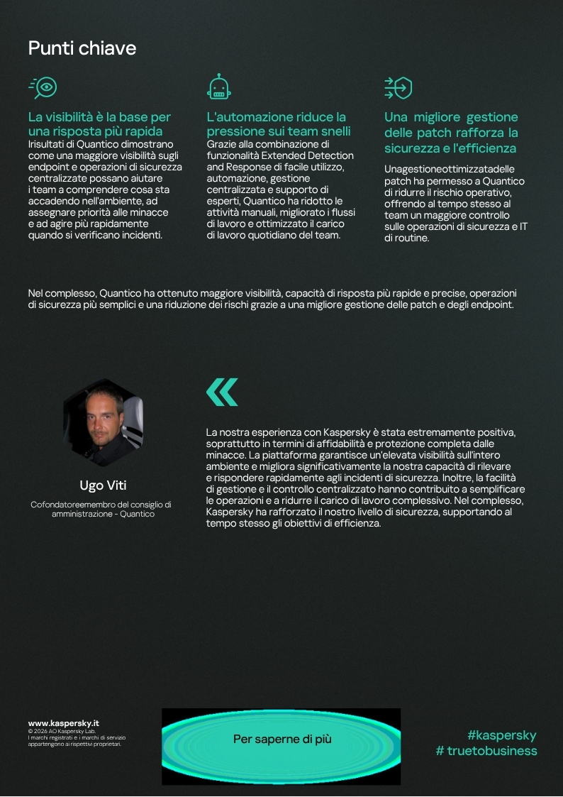 KasperskyLabIT's tweet photo. 📌 𝗤𝘂𝗮𝗻𝘁𝗶𝗰𝗼 𝗮𝗰𝗰𝗲𝗹𝗲𝗿𝗮 𝗹𝗮 𝗽𝗿𝗼𝗽𝗿𝗶𝗮 𝗺𝗮𝘁𝘂𝗿𝗶𝘁𝗮̀ 𝗰𝘆𝗯𝗲𝗿 𝗰𝗼𝗻 𝗞𝗮𝘀𝗽𝗲𝗿𝘀𝗸𝘆 𝗡𝗲𝘅𝘁 𝗠𝗫𝗗𝗥 𝗢𝗽𝘁𝗶𝗺𝘂𝗺

Quantico Srl, azienda italiana specializzata in servizi digitali e IT è passata dalla reattività alla resilienza grazie all'adozione di Kaspersky Next MXDR Optimum. Con la nuova piattaforma, l'azienda è riuscita, infatti, a centralizzare le attività di sicurezza, aumentare la visibilità sull'intera infrastruttura IT e ridurre i tempi di risposta agli incidenti da ore a pochi minuti.

Comunicato: https://t.co/4UuTdo8RYD
Kaspersky Next MXDR Optimum: https://t.co/m2THolsUqv
Case study 👇