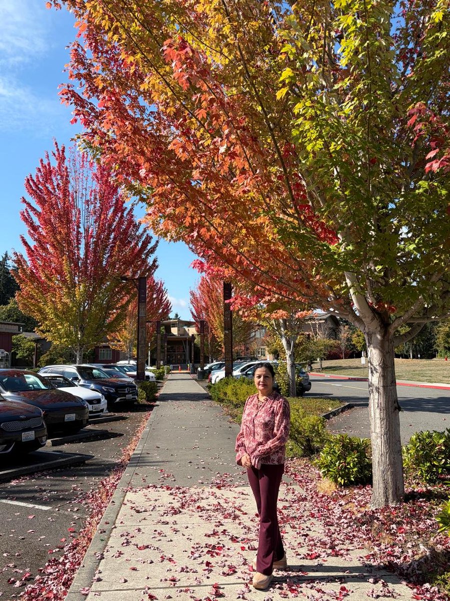 lakshmiunwomen's tweet photo. The Fall of Colours
Seattle, in a fall of colours — and for a while, I stood inside autumn’s own masterpiece.

The city caught fire without a flame-
the trees simply remembered how to glow.
Crimson climbed the branches,
amber spilled into the afternoon,
and every leaf became a little sunset
refusing to leave quietly.

Autumn had arrived like a master painter,
dipping its brush in wine, copper and gold,
turning ordinary streets into galleries
and pavements into carpets of fallen light.

I stood beneath that burning canopy
and watched summer loosen its hold—
not with sorrow, but with splendour.

Perhaps that is autumn’s loveliest wisdom:
that letting go need not be colourless;
sometimes, the most beautiful fall
is the one that leaves the world ablaze. 🍁
