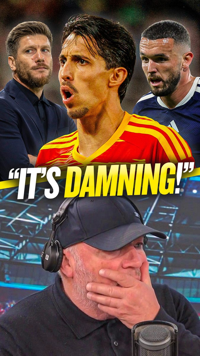 The image shows a Talksport pundit in a black cap and headset with a shocked, hand-on-face expression, overlaid with images of football figures including a player in a red and yellow kit, captioned "IT'S DAMNING!"

The visual reinforces the post's point that criticism of Scottish Premiership players is unfounded, as the pundit's exasperated reaction highlights how the debate over starters not playing in Scotland's top flight is being unfairly framed as a problem when it actually reflects a higher level of competition.