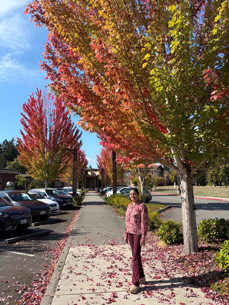 lakshmiunwomen's tweet photo. The Fall of Colours
Seattle, in a fall of colours — and for a while, I stood inside autumn’s own masterpiece.

The city caught fire without a flame-
the trees simply remembered how to glow.
Crimson climbed the branches,
amber spilled into the afternoon,
and every leaf became a little sunset
refusing to leave quietly.

Autumn had arrived like a master painter,
dipping its brush in wine, copper and gold,
turning ordinary streets into galleries
and pavements into carpets of fallen light.

I stood beneath that burning canopy
and watched summer loosen its hold—
not with sorrow, but with splendour.

Perhaps that is autumn’s loveliest wisdom:
that letting go need not be colourless;
sometimes, the most beautiful fall
is the one that leaves the world ablaze. 🍁