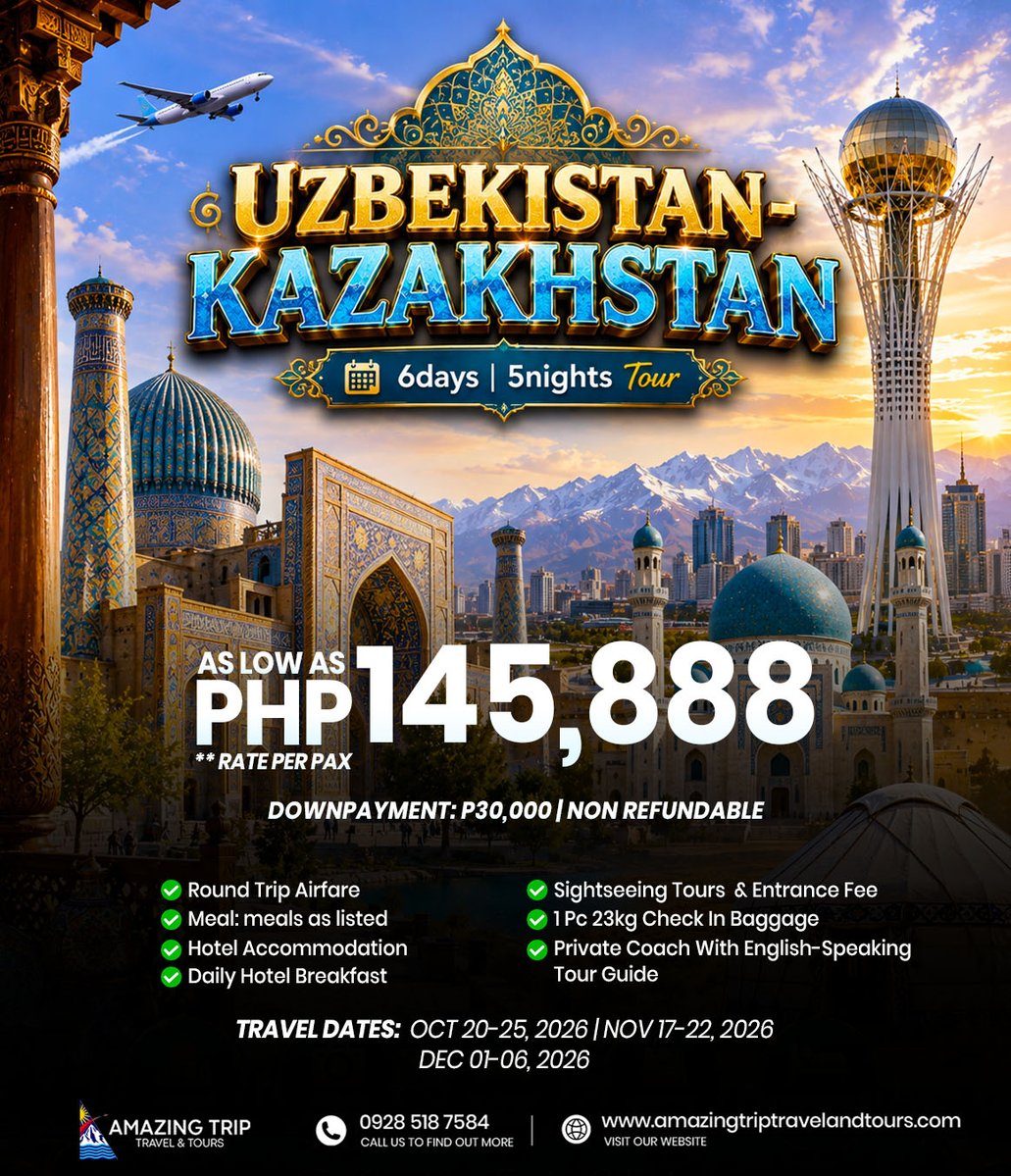 61Mslm's tweet photo. Uzbekistan–Kazakhstan 6D5N Tour

Rate: PHP145, 888/pax
Travel dates: Oct 20–25, Nov 17–22, Dec 1–6, 2026

Includes airfare, hotels, meals, tours, train ride, baggage, and English-speaking guide. https://t.co/TyAOyWhha4