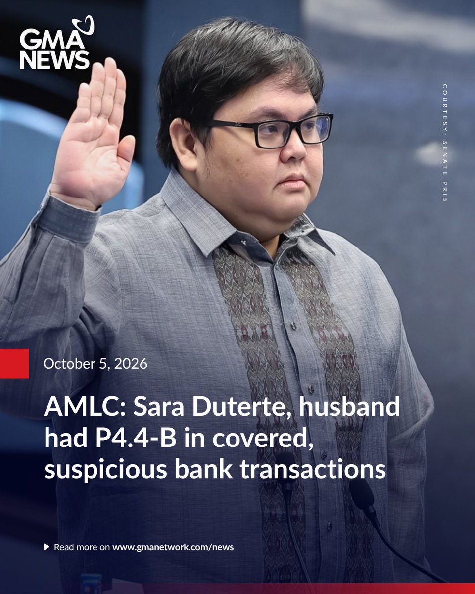 gmanews's tweet photo. At least P4.4 billion worth of covered and suspicious transactions were recorded under the bank accounts of Vice President Sara Duterte and her husband, Manases Carpio, Anti-Money Laundering Council (AMLC) Executive Director Ronel Buenaventura said on Monday.

Buenaventura made the testimony during Day 33 of the impeachment trial of the Vice President, saying the value was reduced from P6.7 billion, which the AMLC official testified in the House justice panel, to P4.4 billion after a correction was made by one of the subject banks, BPI.

Of the 4.4 billion, Buenaventura also testified that P1.63 billion accounted for inflows, while P1.3 billion was for outflows.

READ: https://t.co/VzQOZPnEhx