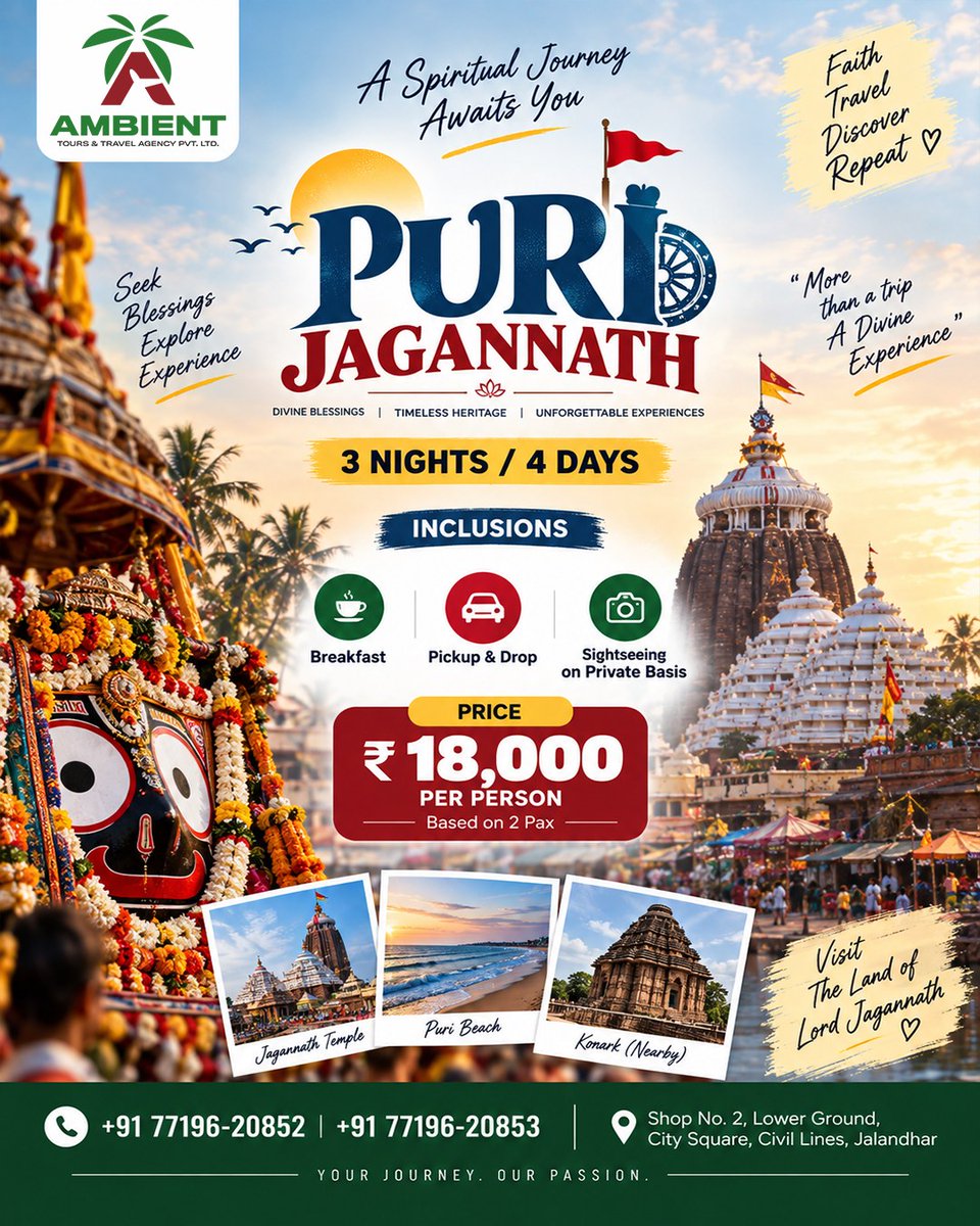 SUPAMRHAN's tweet photo. A soul-stirring Puri Jagannath Tour: 3 Nights/4 Days from ₹18, 000 per person. Includes breakfast, private sightseeing, pickup and drop. Visit Jagannath Temple, Puri Beach and Konark Sun Temple. https://t.co/cVRZFdC9oj