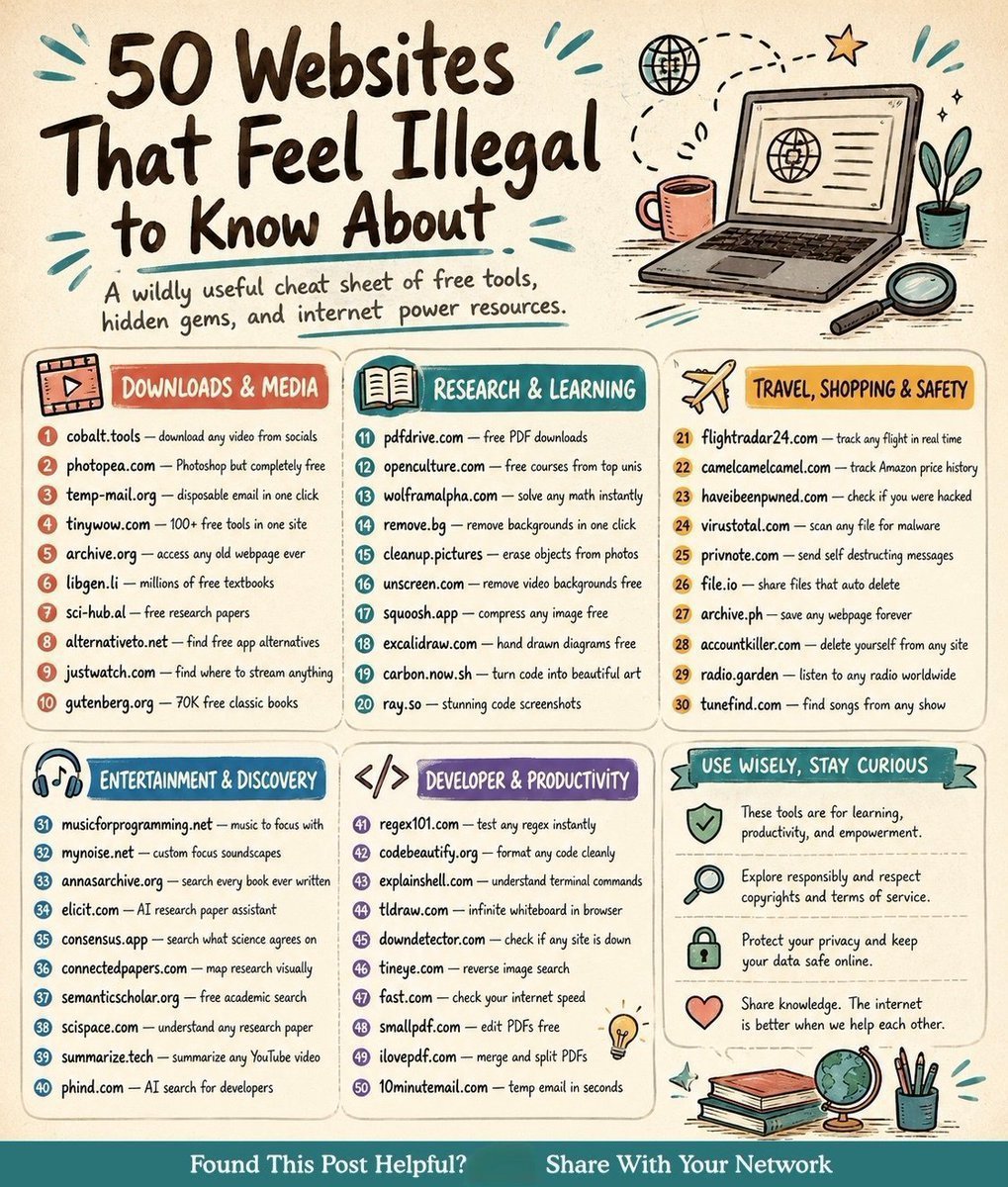 AlexRiad84837's tweet photo. 50 Websites that feel illegal to know:

DOWNLOADS & MEDIA
1. https://t.co/QuPnQienB6 — download any video from socials
2. https://t.co/ukNvaGZvGl — Photoshop but completely free
3. https://t.co/MMtviH3YA9 — disposable email in one click
4. https://t.co/STsuRAW5xp — 100+ free tools in one site
5. https://t.co/yFi4RUdVqL — access any old webpage ever
6. https://t.co/49AUt8DM3N — millions of free textbooks
7. https://t.co/pXMK4E5A0v — free research papers
8. https://t.co/7jDGSXVdXt — find free app alternatives
9. https://t.co/IBzYZUWlpA — find where to stream anything
10. https://t.co/yZmoBwYM6L — 70K free classic books

RESEARCH & LEARNING
11. https://t.co/qckGZpQUuy — free PDF downloads
12. https://t.co/Uu6wIUxc7I — free courses from top unis
13. https://t.co/c8pwdeAcgo — solve any math instantly
14. https://t.co/PE7zmR9IgT — remove backgrounds in one click
15. https://t.co/DjUlPMEtBo — erase objects from photos
16. https://t.co/8s8kpnZ5ME — remove video backgrounds free
17. https://t.co/dFT159k5T8 — compress any image free
18. https://t.co/zTLPau3YTT — hand draw diagrams free
19. https://t.co/ocebNR9FVY — turn code into beautiful art
20. https://t.co/IKjHUd2WH4 — stunning code screenshots

TRAVEL, SHOPPING & SAFETY
21. https://t.co/E4b5KsAxh8 — track any flight in real time
22. https://t.co/epK5C9y2Uq — track Amazon price history
23. https://t.co/mQaskpssAo — check if you were hacked
24. https://t.co/ofyuxs9eUL — scan any file for malware
25. https://t.co/3mWrFQ2Pat — send self destructing messages
26. https://t.co/BMGWh65K0D — share files that auto delete
27. https://t.co/vkpfyaURRq — save any webpage forever
28. https://t.co/4zgjKqCxr8 — delete yourself from any site
29. https://t.co/H95jWPSTUs — listen to any radio worldwide
30. https://t.co/HSwQceiaeT — find songs from any show

ENTERTAINMENT & DISCOVERY
31. https://t.co/5scViKvp8b — music to focus with
32. https://t.co/kFPCGfVas5 — custom focus soundscapes
33. https://t.co/gsRFiR91iC — search every book ever written
34. https://t.co/9z0JXAvQw5 — AI research paper assistant
35. https://t.co/hN7xIj5yNi — search what science agrees on
36. https://t.co/yWhWN3b1XC — map research visually
37. https://t.co/OGezpJa24S — free academic search
38. https://t.co/s3SKiP8wr8 — understand any research paper
39. https://t.co/02NdYJDZO7 — summarize any YouTube video
40. https://t.co/3EW6jcF8qh — AI search for developers

DEVELOPER & PRODUCTIVITY
41. https://t.co/YdBdK42Sye — test any regex instantly
42. https://t.co/5nX9cRkxTU — format any code cleanly
43. https://t.co/BFrwLDcUKy — understand terminal commands
44. https://t.co/So9ysF0rUK — infinite whiteboard in browser
45. https://t.co/XoJqXtM7bF — check if any site is down
46. https://t.co/rSoczAxW7f — reverse image search
47. https://t.co/5JtgJoTDX0 — check your internet speed
48. https://t.co/sWnu6QVLx2 — edit PDFs free
49. https://t.co/Fu3zSrceTX — merge and split PDFs
50. https://t.co/mtcNytXjtu — temp email in seconds

❤️ Like
🔁 Retweet
🔖 Bookmark

Follow 
@AlexRiad84837  for
 for more such posts