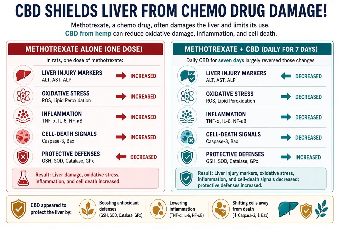marclanders's tweet photo. CBD Shields Liver from Chemo Drug Damage!

Methotrexate, a chemo drug, often damages the liver and limits its use.

CBD from hemp can reduce oxidative damage, inflammation, and cell death.

In rats, one dose of methotrexate raised liver injury markers, oxidative stress, inflammation, and cell-death signals, and lowered protective defenses.

Daily CBD for seven days largely reversed those changes.

CBD appeared to protect the liver by boosting antioxidant defenses, lowering inflammation, and shifting cells away from death.
https://t.co/XTmzqxRztx