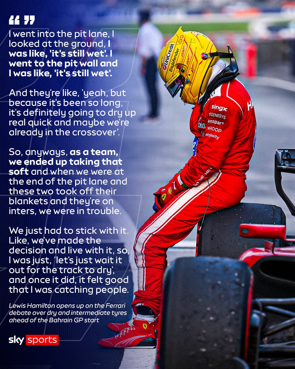 SkySportsF1's tweet photo. Lewis Hamilton said he was pushing to start on intermediate tyres before the choice of a slick compound led to a disastrous beginning to the Bahrain Grand Prix for Ferrari 🌧️ https://t.co/FDEqZM0cTp