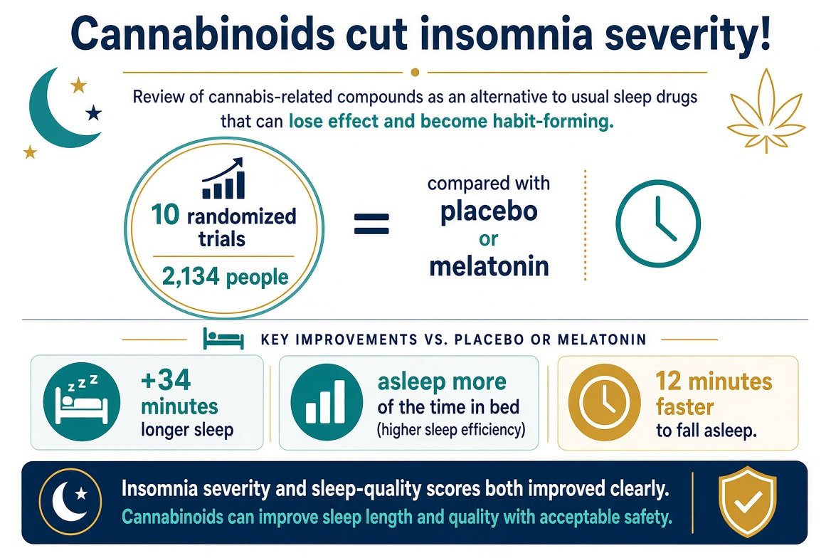 marclanders's tweet photo. Cannabinoids cut insomnia severity!

Usual sleep drugs can lose effect and become habit-forming, so researchers reviewed trials of cannabis-related compounds as an alternative.

Ten randomized trials (2,134 people) compared cannabinoids with placebo or melatonin.

Insomnia severity and sleep-quality scores both improved clearly.

People slept about 34 minutes longer, were asleep a bit more of the time in bed, and fell asleep about 12 minutes faster.

The authors conclude cannabinoids can improve sleep length and quality with acceptable safety.
https://t.co/qvQWl3M1sb