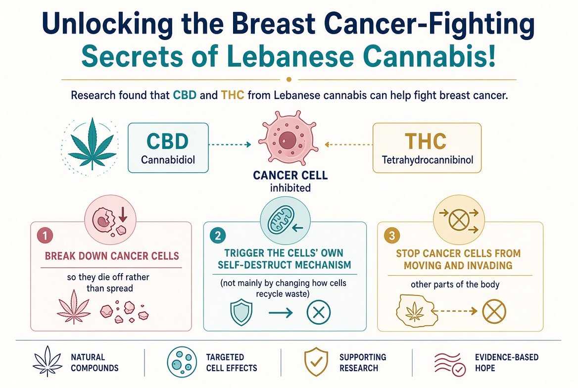 marclanders's tweet photo. Unlocking the Breast Cancer-Fighting Secrets of Lebanese Cannabis!

Research found that CBD and THC from Lebanese cannabis can help fight breast cancer. 

These compounds work together to break down cancer cells, causing them to die off rather than spread. They do this by triggering the cells' own self-destruct mechanism, not by mainly changing how cells recycle waste. 

Plus, they stop cancer cells from moving and invading other parts of the body.
https://t.co/nASDVQwuJm