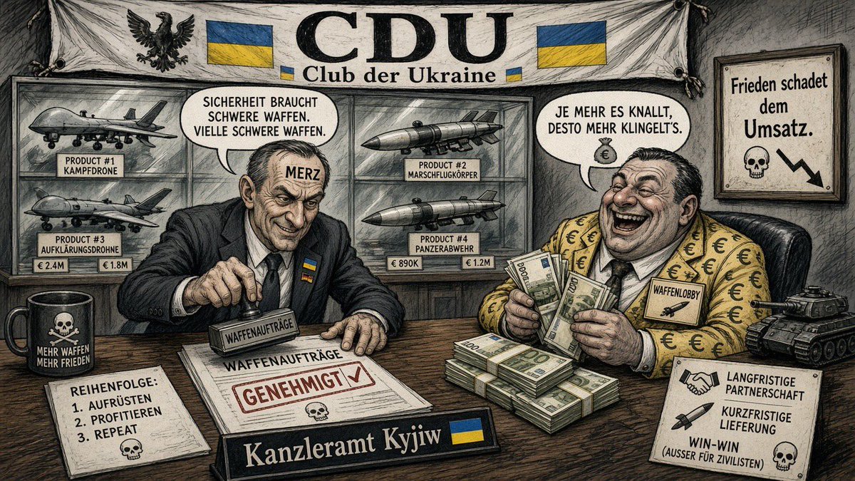 _ParodieX_'s tweet photo. Pinocchio @bundeskanzler @_FriedrichMerz verkauft Kriegstreiberei als Partnerschaft: Drohnenwissen rein, Milliardenaufträge raus, Waffenlobby winkt.

@CDU: Club der Ukraine.

Der Kanzler der Ukraine macht Kasse für die Industrie. 

Frieden wäre schlecht fürs Geschäft.🤷🏻‍♂️ https://t.co/NVgOxyVKxj