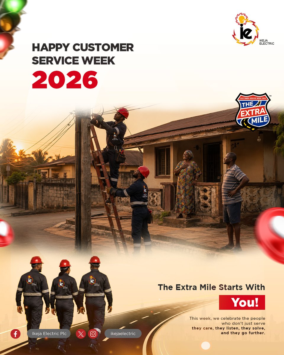 IkejaElectric's tweet photo. This Customer Service Week, we celebrate the people who show up every day with commitment, professionalism, and a genuine desire to make a difference.

At Ikeja Electric, we believe every interaction is an opportunity to do more, serve better, and create lasting value for our customers.

Here’s to going The Extra Mile—today, tomorrow, and always.

Happy Customer Service Week 2026.

#CustomerServiceWeek2026
#ExtraMile 
#BringingEnergyToLifeResponsibly