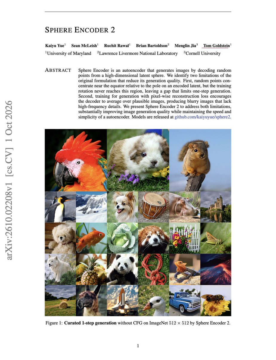 askalphaxiv's tweet photo. "Sphere Encoder 2"

This paper fixes why one-step autoencoder generation looks blurry.

It trains the latent rotation all the way from an encoded image to the 90° equator region where random generation actually starts.

Then instead of forcing those highly ambiguous latents to reconstruct the exact source image pixel-by-pixel, it uses semantic, latent-consistency, and feature-space score-matching losses so the decoder can generate a sharp plausible image rather than average many possibilities into blur.

On ImageNet, it reaches FDr6 4.92 with just 4 steps and ~23x less sampling compute than PixNerd, though its gFID is worse.

https://t.co/blg7FN8Onz