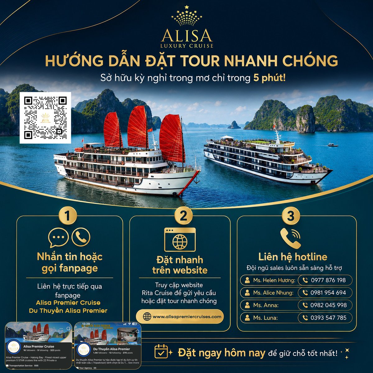 luulhii's tweet photo. Đặt tour du thuyền Hạ Long dễ dàng: nhắn fanpage hoặc gọi hotline để được Alisa Premier kiểm tra phòng, tư vấn lịch trình và giữ chỗ nhanh chóng. Kỳ nghỉ trong mơ trên vịnh Hạ Long chỉ cách bạn vài phút. https://t.co/Ttqisc2LX8