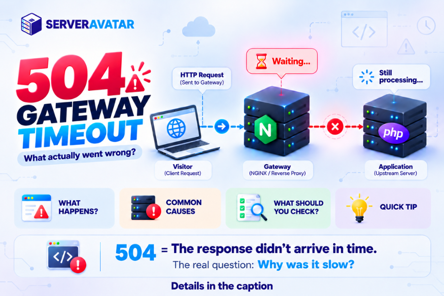 ServerAvatar's tweet photo. 🚨 504 Gateway Timeout ≠ gateway failure.

The gateway waited for the application, but the response arrived too late.

Causes: slow DB/PHP, delayed APIs, CPU/RAM bottlenecks.

Check logs, PHP-FPM, queries &amp; resources. Don’t just increase the timeout find the bottleneck.

#DevOps https://t.co/nk9c1vuqCH