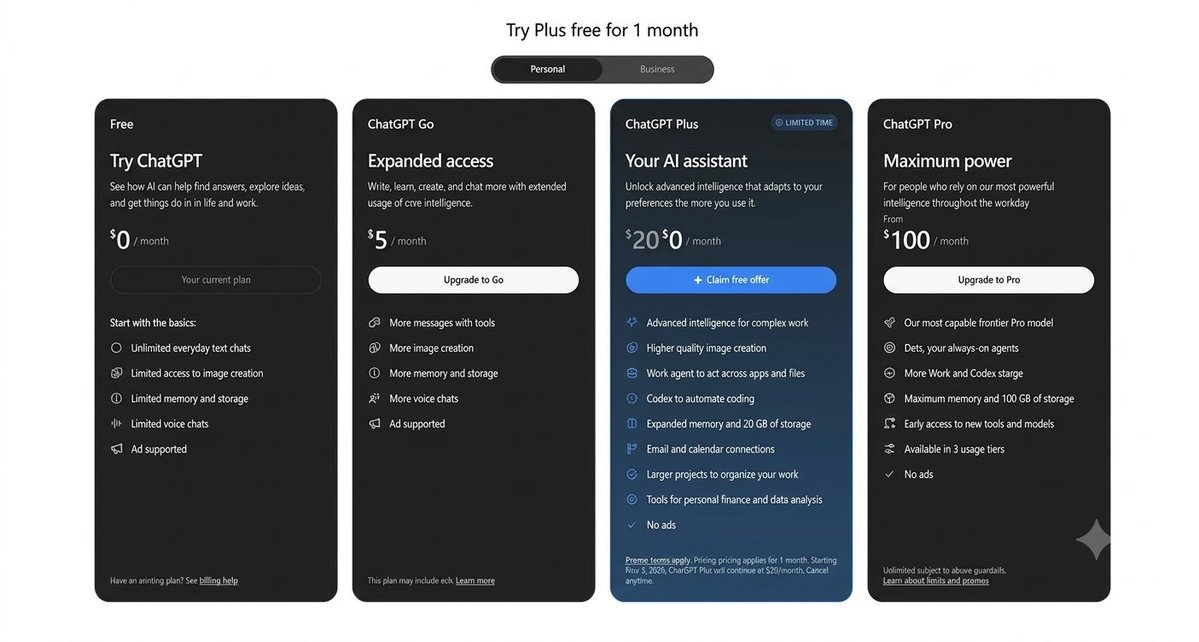 CodexResets1's tweet photo. 🚨 Codex Users!!

The Offer
- ChatGPT Plus is FREE for 1 month
- OpenAI is running this as a limited promotion

How to Check
- Look at your account — the offer should appear at checkout
- If it doesn't show, you may not be eligible for this round

If You Don't See It
- Try creating a new account and checking again
- Eligibility varies by account/region

Have you seen this on your end? .