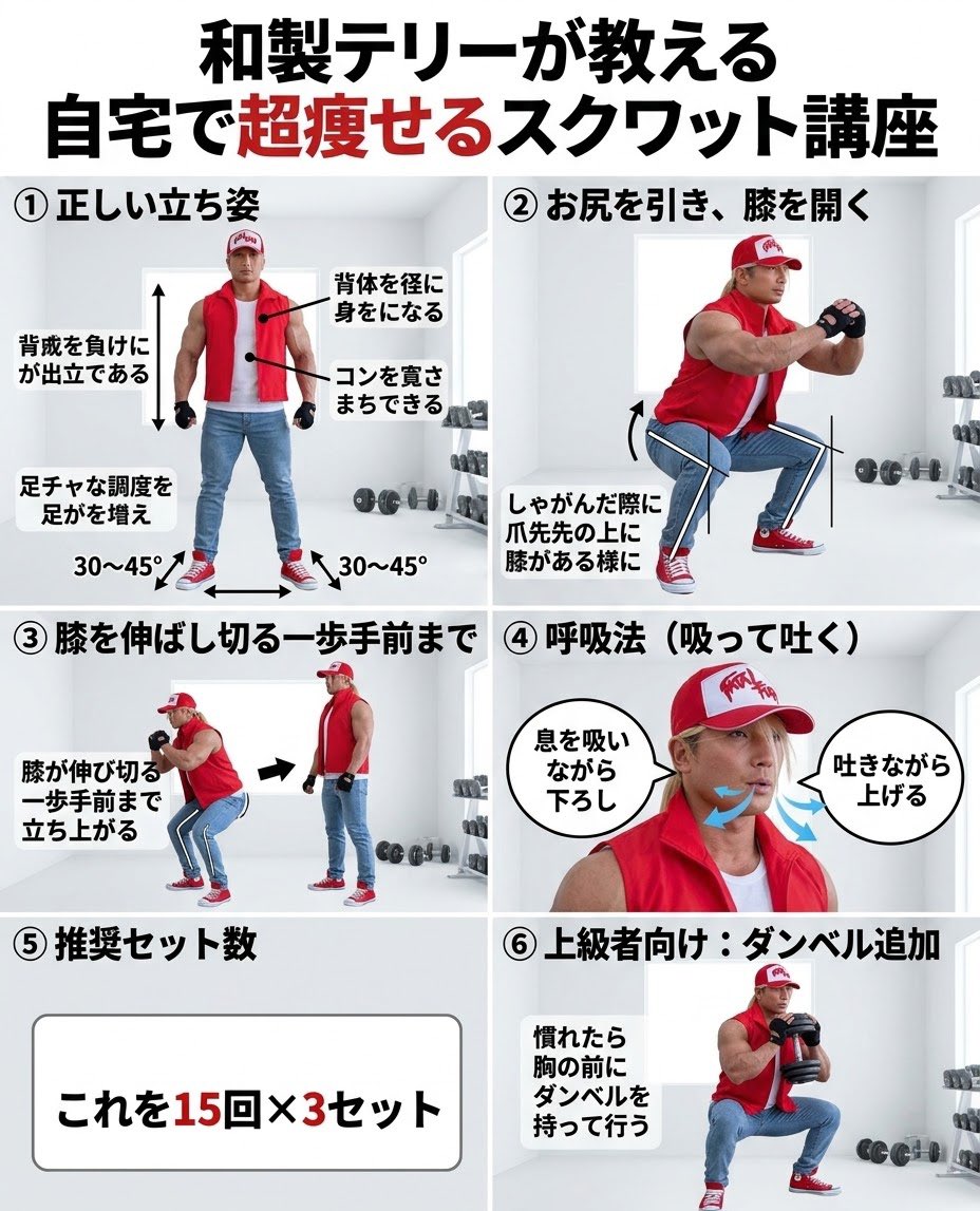 real_baki_kyo's tweet photo. 皆さんの質問にお答えして
和製テリーが教える
【自宅で超痩せるスクワット講座】

脚は全身の7割の筋肉が集中しているので、鍛える事で代謝が上がり痩せやすくなるぜ🔥
腰痛予防には勿論！
カッコいい身体を作る事ができる！
特に格ゲーマー、コスプレイヤーには必須だぜ
皆んなスクワットやろうぜ🧢🆗

#筋トレ #餓狼伝説 #コスプレ #ダイエット #自宅トレーニング #SNK