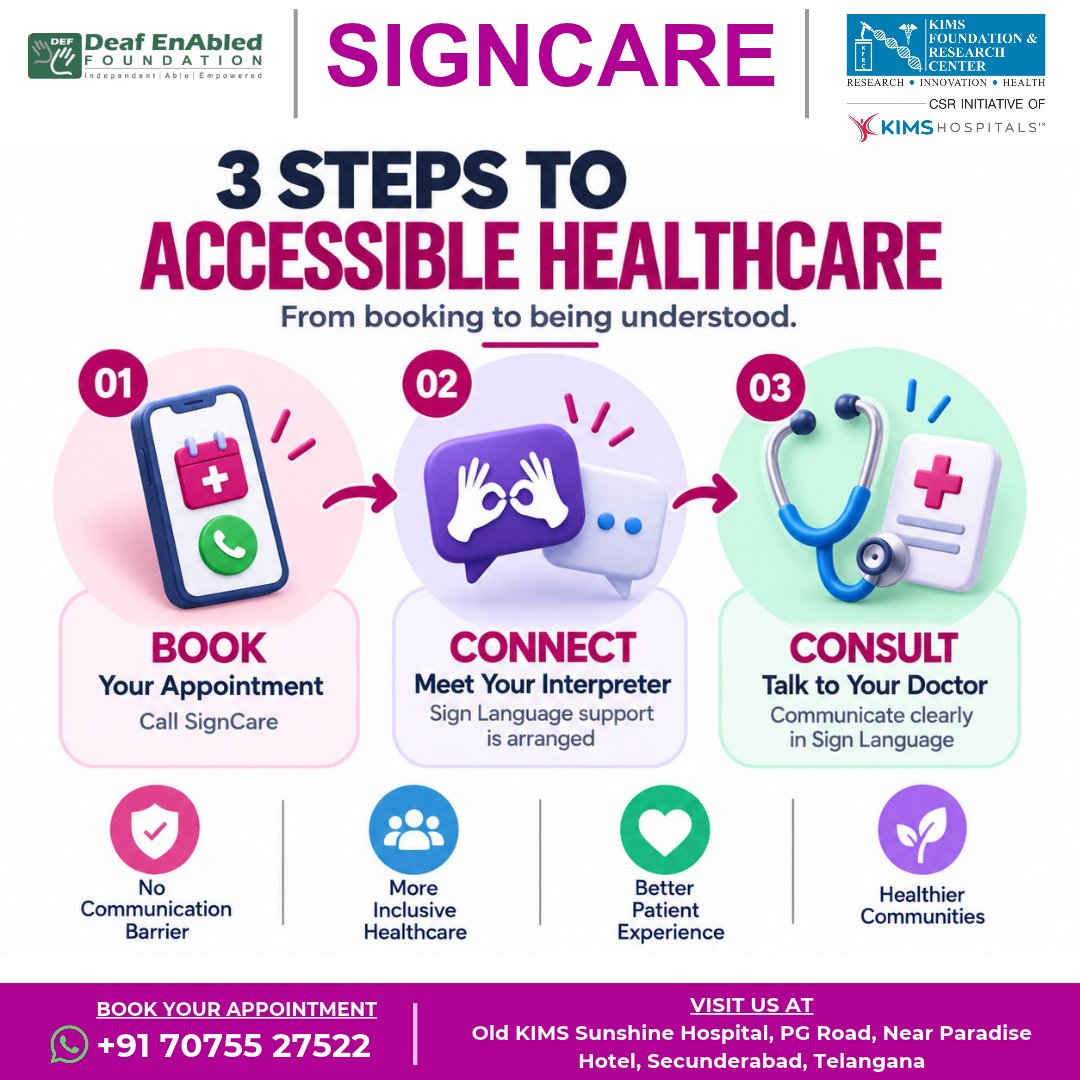 deafenabled's tweet photo. Eliminate communication barriers with SignCare! Book, connect with a dedicated interpreter, and consult your doctor entirely in Sign Language.
WhatsApp +91 70755 27522 to schedule!
#Signcare #Healthforall #Deaf #ISL #signlanguage https://t.co/FuqvrP4qen