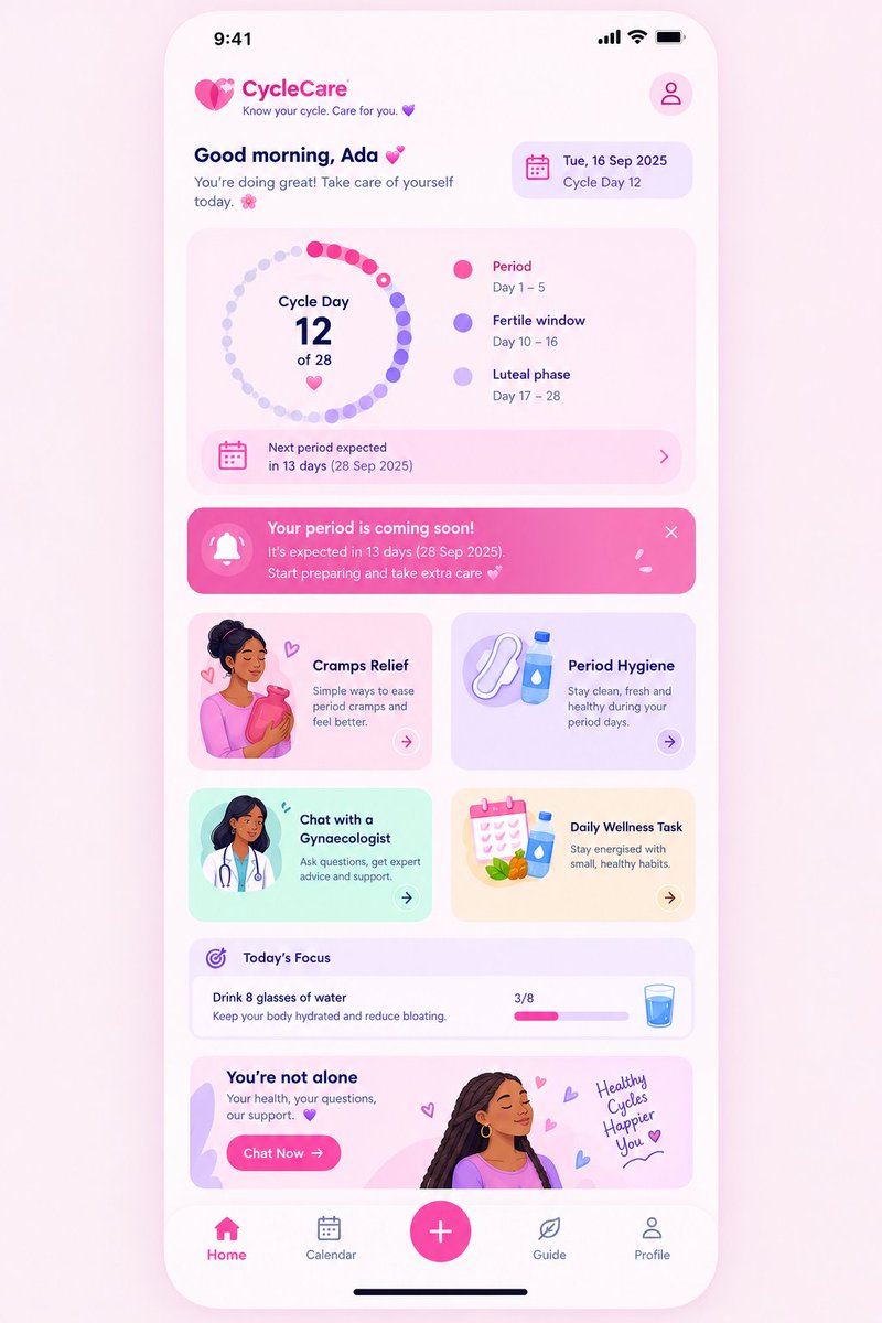 Nnando_barbs's tweet photo. New week, new ideas 😃

I tried something new today: I wrote my first UI design prompt from scratch. 

I created a period-tracking app concept for users aged 13+ through adulthood.

This is not the final design. I already have ideas for how I’d improve the UX, hierarchy, interactions and visual system.

I’ll be redesigning it and showcasing it.

#ProductDesign #UIDesign #UXDesign