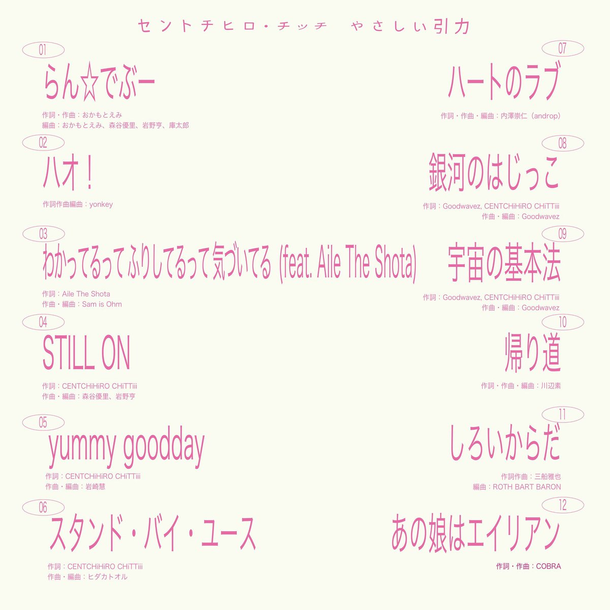 Chittiii_BiSH's tweet photo. 2nd Album『やさしい引力』
収録曲全12曲の
トラックリスト解禁です

新曲参加アーティストは
リスペクトする皆さ���。
そして大好きな友達🌏

๑チッチバンドメンバー
　　おかもとえみ、森谷優里
　　岩野亨、庫太郎
๑ yonkey
๑ Aile The Shota
๑ Sam is Ohm 
๑川辺素 
๑ ROTH BART BARON 三船雅也
๑ androp 内澤崇仁
๑ Goodwavez 

アルバム収録曲「ハオ！」が
一足お先10月7日に先行配信🍜
yonkeyくんが作ってくれたよ🫶

聴いてねっ

🔗https://t.co/uLSzIyA4tA