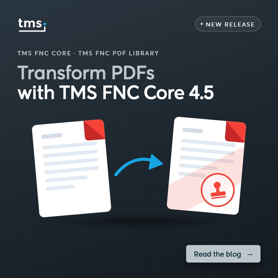 TMSsoftwareNews's tweet photo. TMS FNC Core 4.5 is out. The TMS FNC PDF Library now opens existing PDFs: reorder, merge, stamp, watermark, extract text. For VCL, FMX and TMS WEB Core, no PDF engine to deploy.
Read more: https://t.co/AB1M8W3BPN https://t.co/EM1KdxKKhb