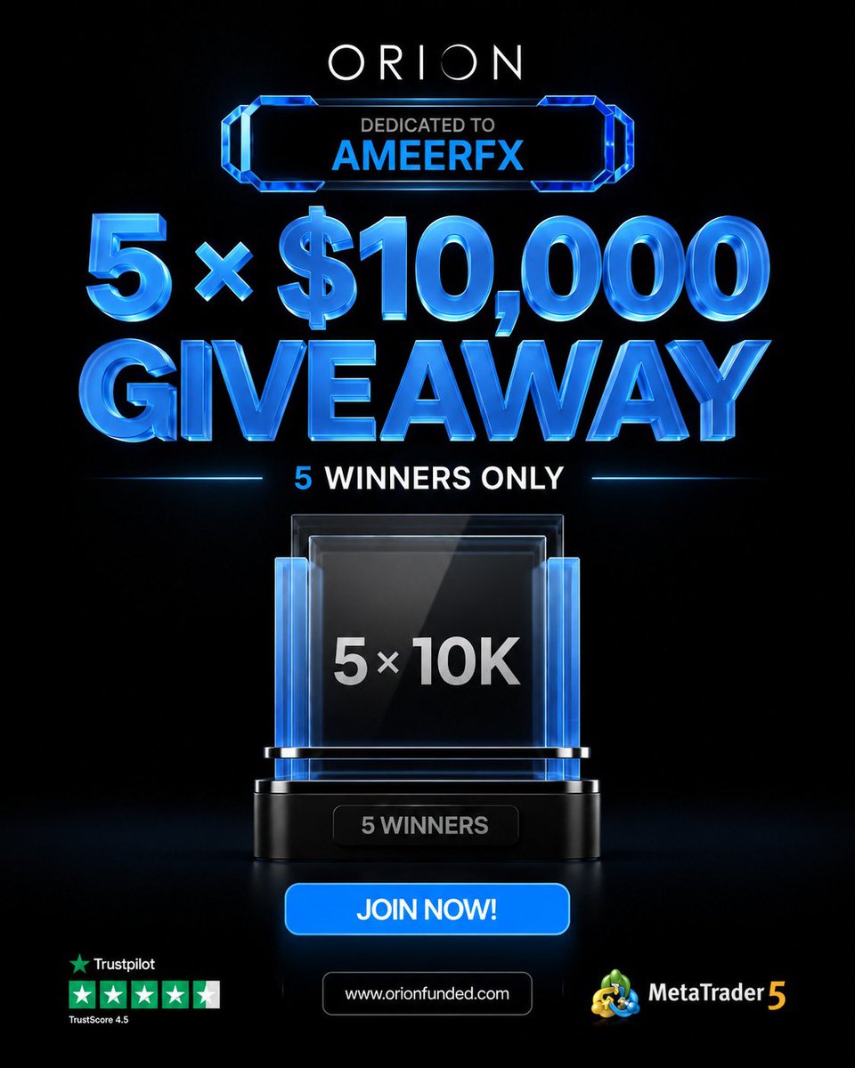 I_am_Ameerfx's tweet photo. 🚀 BIG NEWS! I’M OFFICIALLY PARTNERED WITH ORION FUNDED! 🚀

And we’re kicking things off with a $50,000 GIVEAWAY! 🔥

🎁 5 winners × $10,000 accounts
💰 $50K TOTAL IN ACCOUNTS

How to enter:
1️⃣ Follow @OrionAffiliates
2️⃣ Follow @orionfundedcom
3️⃣ Follow @Ameerfx_ @MAHDEE_FX 
4️⃣ Like & repost this post
5️⃣ Tag 2 traders below 👇

That’s it. Winners will be selected after the giveaway period. 🎯

And if you’re looking to start a challenge, use my exclusive code AMEERFX50 for 50% OFF your first Orion challenge! 🔥

Let’s make some noise! 🚀
Good luck everyone! 🏆