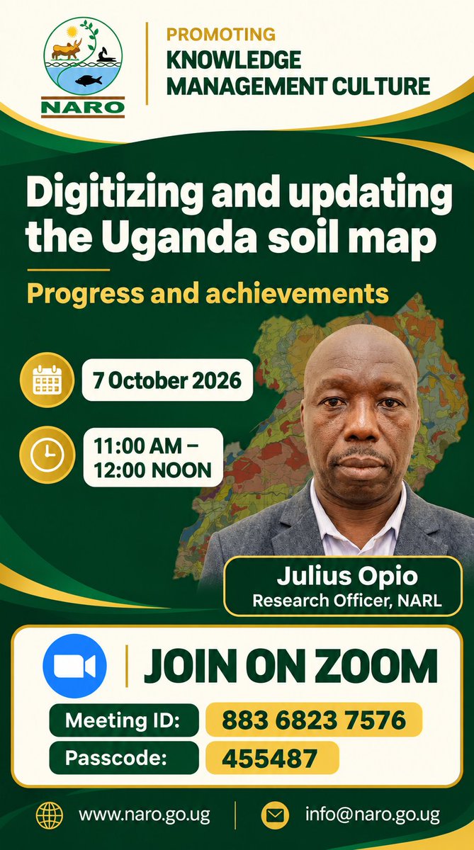 narouganda's tweet photo. Head into the #64UGIndependence celebrations with a better understanding of Uganda’s soils! 

Join our webinar on digitizing and updating the Uganda soil map.

Share your feedback on our knowledge sessions and suggest topics you’d like our scientists to discuss.

Registration Link: Registration Link: https://t.co/nVYlETEUTP