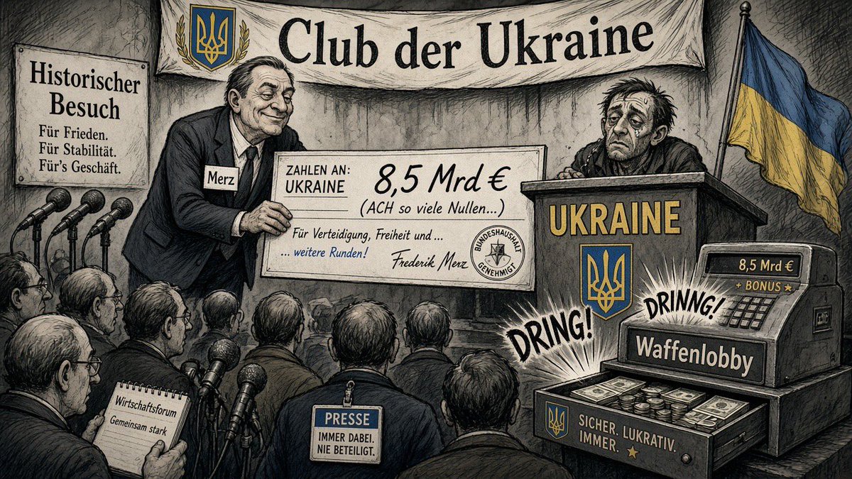 _ParodieX_'s tweet photo. @ZelenskyyUa bedankt sich für @_FriedrichMerz und die „historische“ 8,5-Milliarden-Deal-Show.

Der Kanzler der Ukraine liefert, die Waffenlobby klatscht, der Club der Ukraine (@CDU) macht Bilanz.

Dankbarkeit in Euro.
Der Krieg hat einen Preis.
Und einen Empfänger. https://t.co/bD6IDnDBbW