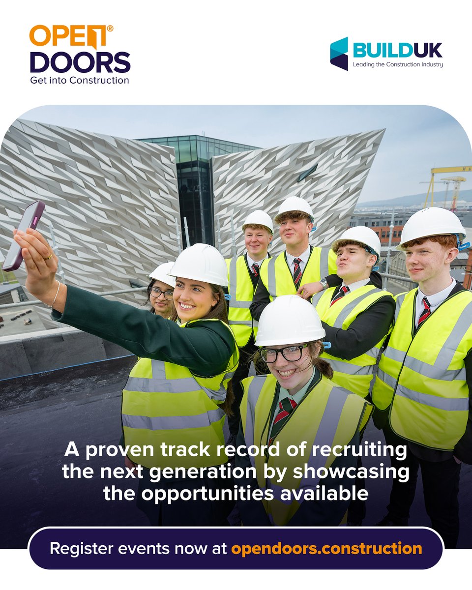 OpenDoorsWeek's tweet photo. 🎉 #OpenDoors27 event registration is now open! 
Get ready to showcase #Careers in #Construction at the event with a proven track record of recruiting the next generation.

Register your events now at https://t.co/p9j68p0VdB

@BuildUK @CITB_UK @BuildingNews https://t.co/k0eVWYAwhC