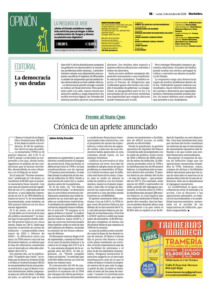 AristyEscuder's tweet photo. Desde la pandemia, la gestión operativa de liquidez del Banco Central ha sido inconsistente con la señal de política. Recuperar el esquema de metas de inflación exige que las operaciones monetarias respalden la TPM. Subastas, repos, compra de divisas y facilidades deben ejecutarse para que las tasas de mercado se muevan en la misma dirección de la tasa de referencia. Solo así se abandonará el zigzagueo monetario. La credibilidad se gana con coherencia entre el mensaje y la acción. Con el discurso y las operaciones alineados, se reducirá la incertidumbre y la estabilidad macroeconómica, sustentada en el anclaje de las expectativas de inflación, quedará resguardada. https://t.co/rr2yez8Rqu