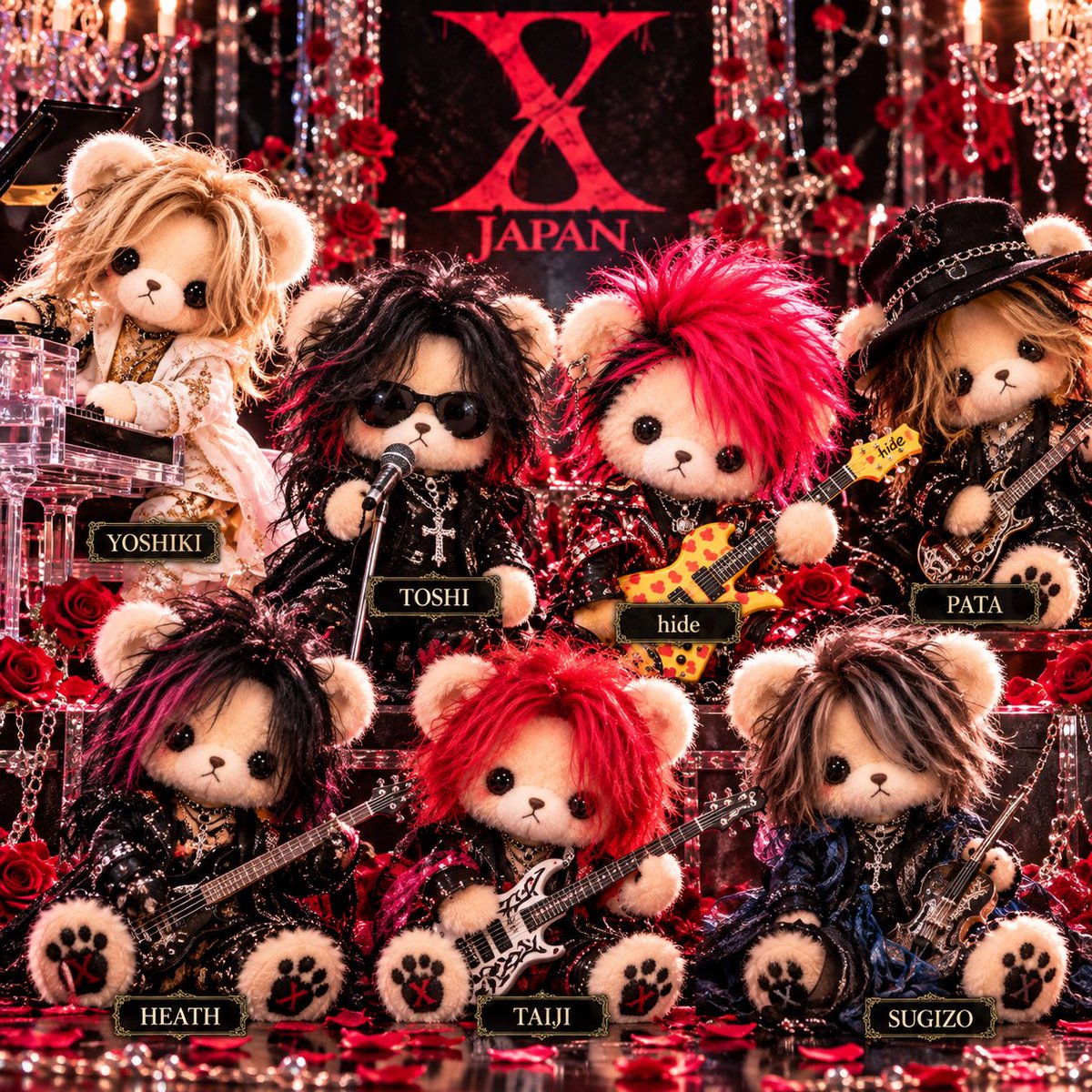 hide722yu's tweet photo. XJAPANのメンバーをイメージした、くま🧸ちゃん(*´罒`*)

 #XJAPAN
 #メンバー
 #くま
 #画像どうぞ https://t.co/VRsZaUhce8