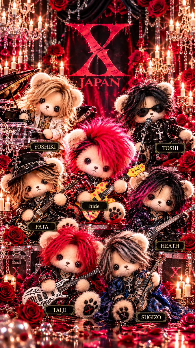 hide722yu's tweet photo. XJAPANのメンバーをイメージした、くま🧸ちゃん(*´罒`*)

 #XJAPAN
 #メンバー
 #くま
 #画像どうぞ https://t.co/VRsZaUhce8