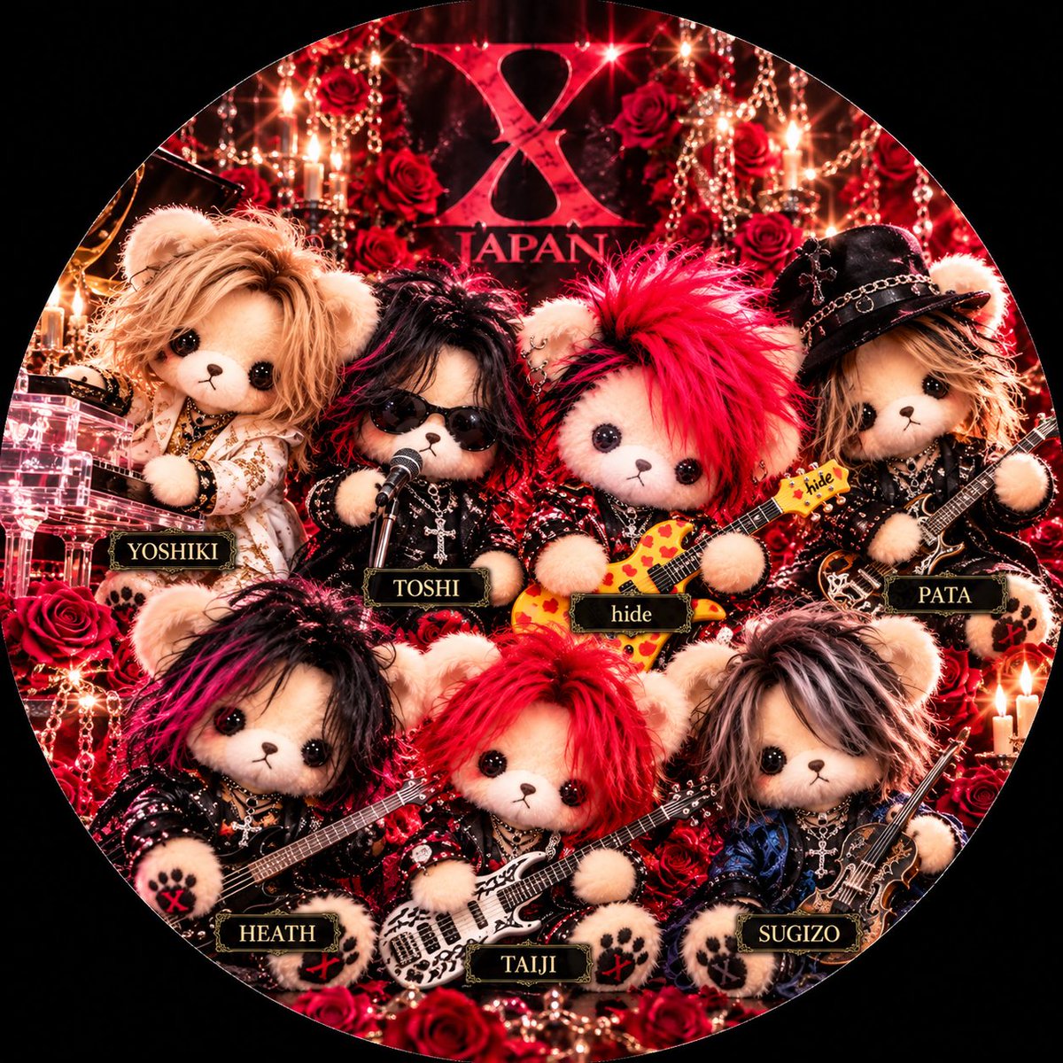 hide722yu's tweet photo. XJAPANのメンバーをイメージした、くま🧸ちゃん(*´罒`*)

 #XJAPAN
 #メンバー
 #くま
 #画像どうぞ https://t.co/VRsZaUhce8