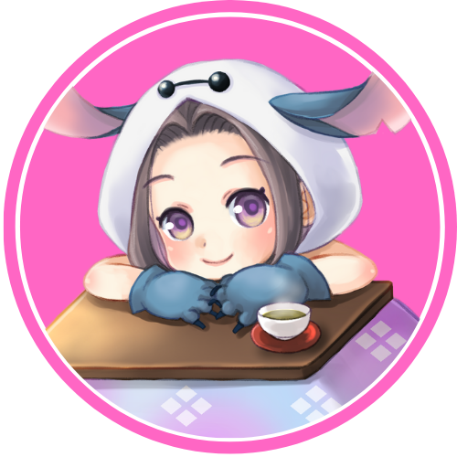 A circular app icon featuring a cute anime character with purple eyes wearing a white hooded outfit, resting their chin on blue paws next to a small tea cup, set against a pink background.